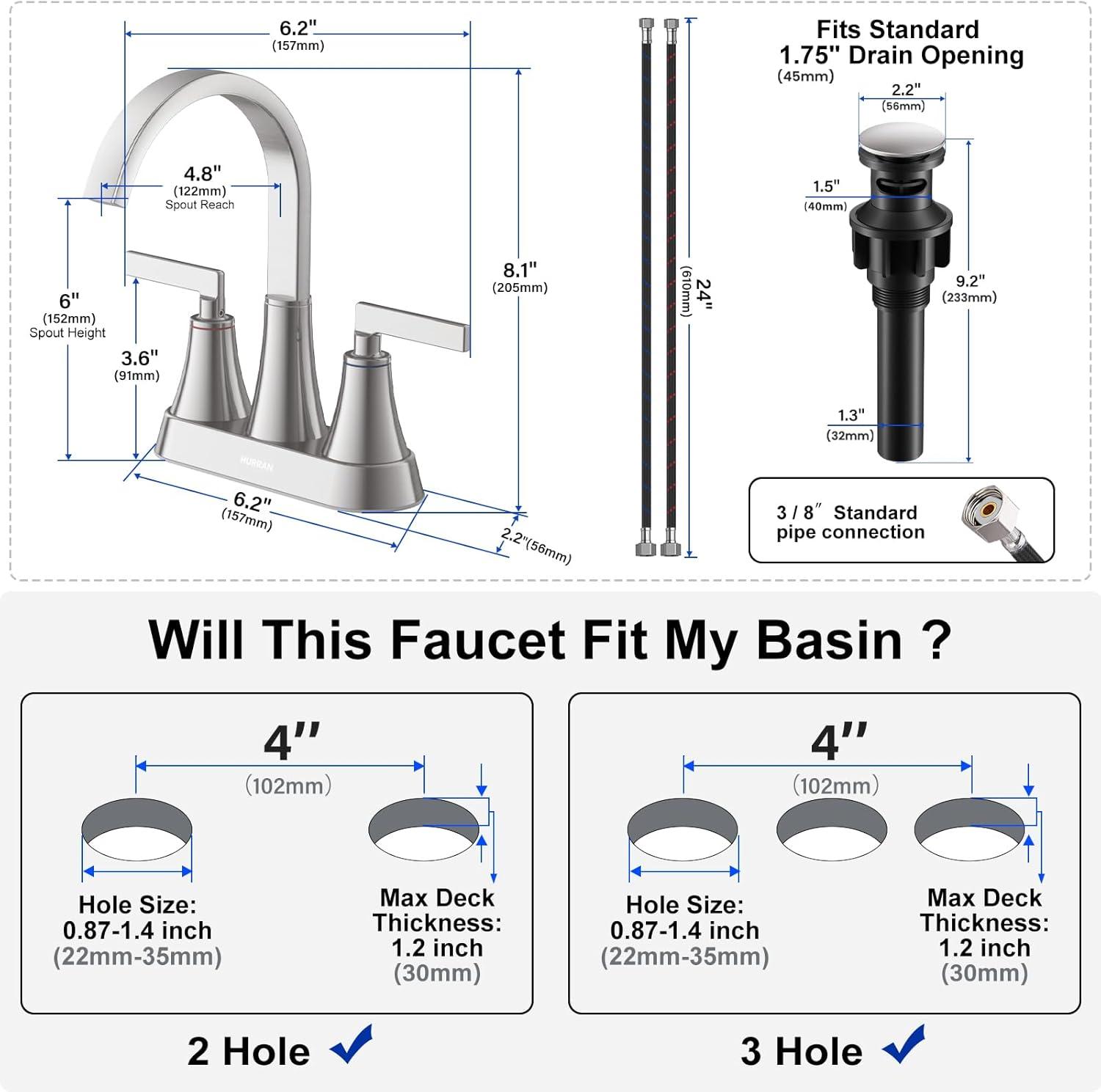 Bathroom Sink Faucet, Hurran 4 inch Brushed Gold Bathroom Faucets for Sink 3 Hole with Pop-up Drain and Supply Hoses, 360 Swivel Spout 2-Handle Centerset Faucet for Vanity RV Farmhouse
