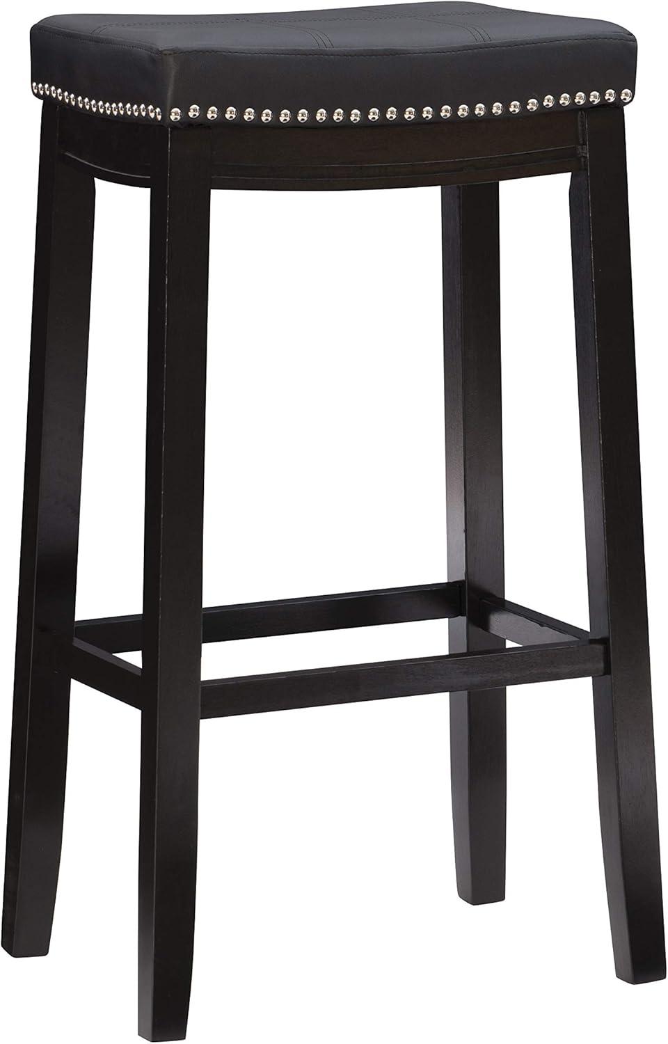 Claridge Backless Faux Leather Nailhead Saddle Barstool Black - Linon: Rubberwood Frame, 32.25" Height