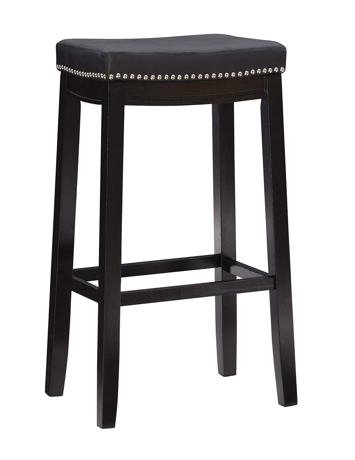 Claridge Backless Faux Leather Nailhead Saddle Barstool Black - Linon: Rubberwood Frame, 32.25" Height