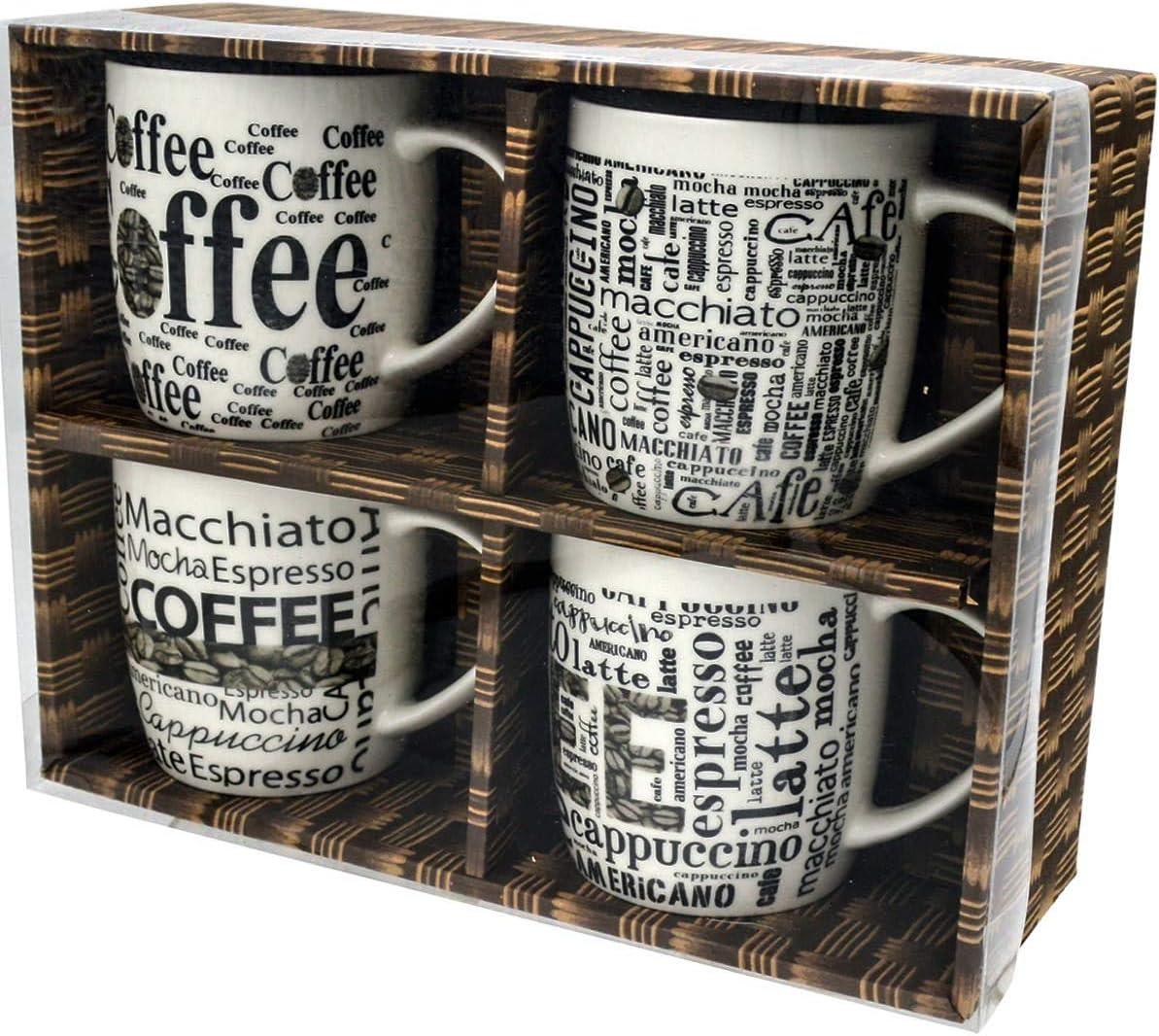 Coffee Mugs Beautiful Vintage Ceramic Cups Set of 4 with distinctive assorted Café phrases, in exclusive Boxed gift sets best Gift Set Home Decoration, Gifts for Mom Birthday Christmas