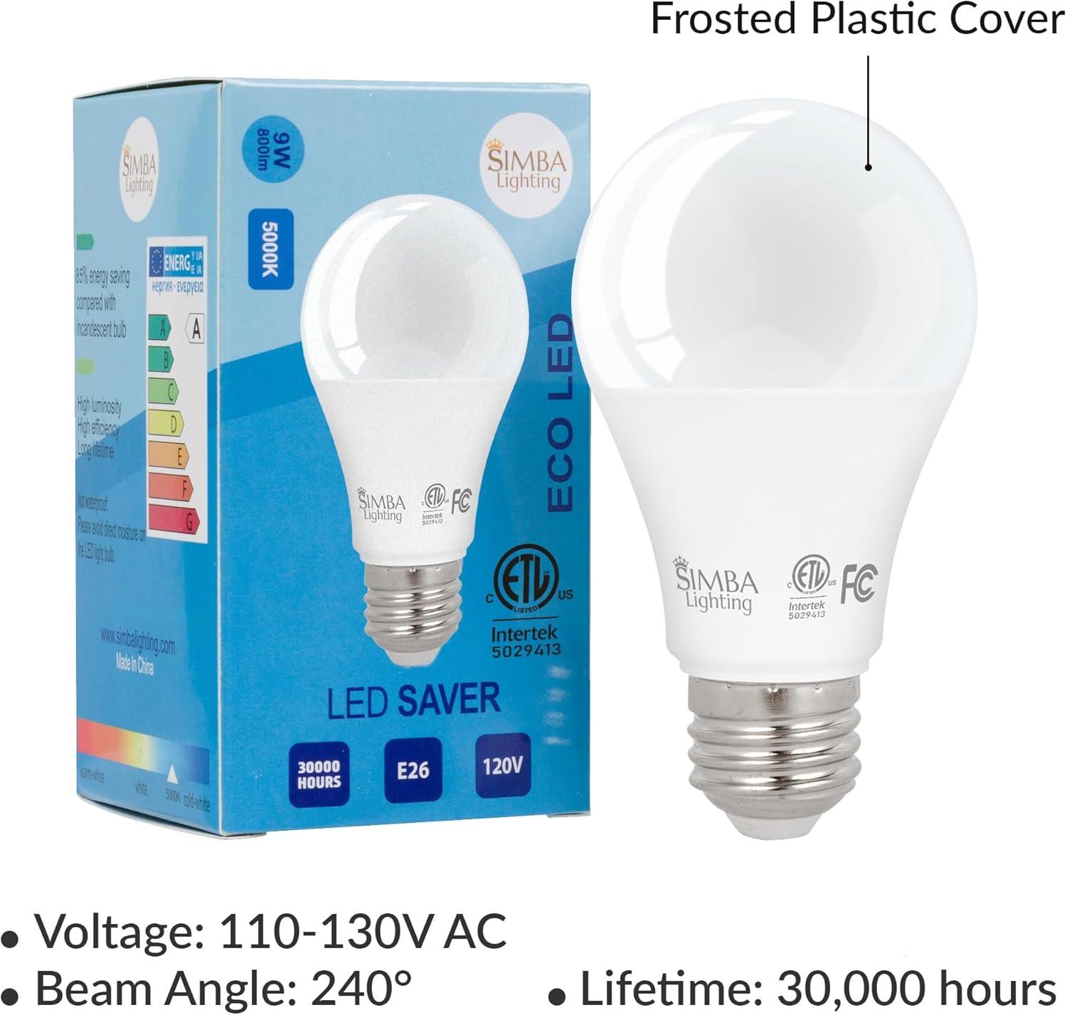 Simba Lighting LED A19 ETL Listed 9W 60W-75W Equivalent Dimmable Bulbs 120V E26 Base 5000K Daylight 6-Pack