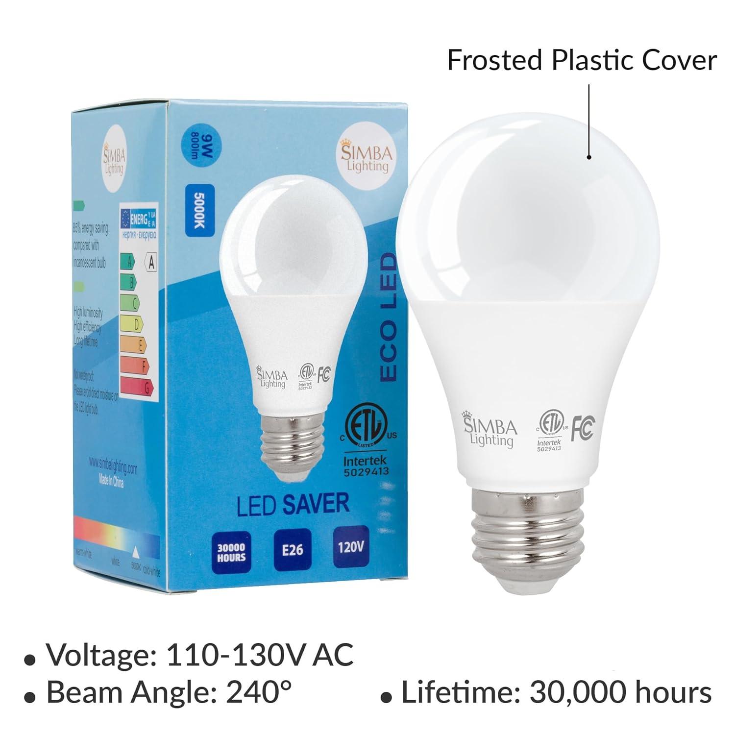 Simba Lighting LED A19 ETL Listed 9W 60W-75W Equivalent Dimmable Bulbs 120V E26 Base 5000K Daylight 6-Pack