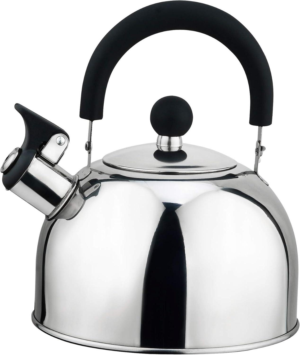 Dependable Industries Classic Stainless Steel Whistling Tea Kettle Silver Shiny Finish with Bakelite Handles BPA Free 2.5qt/2.37l