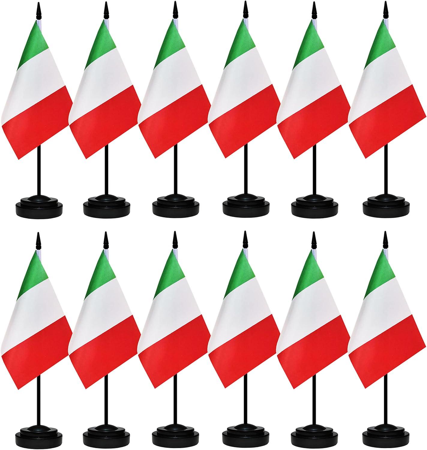 Italy Flags Italian Desk Flag Set Small Mini Italy Table Office Flag with 13" Black Pole, Black Base and Spear Top,Miniature Italian Deluxe Desktop Flag, Home Decoration, Office Decoration, Festival Celebrations(12 Pack )