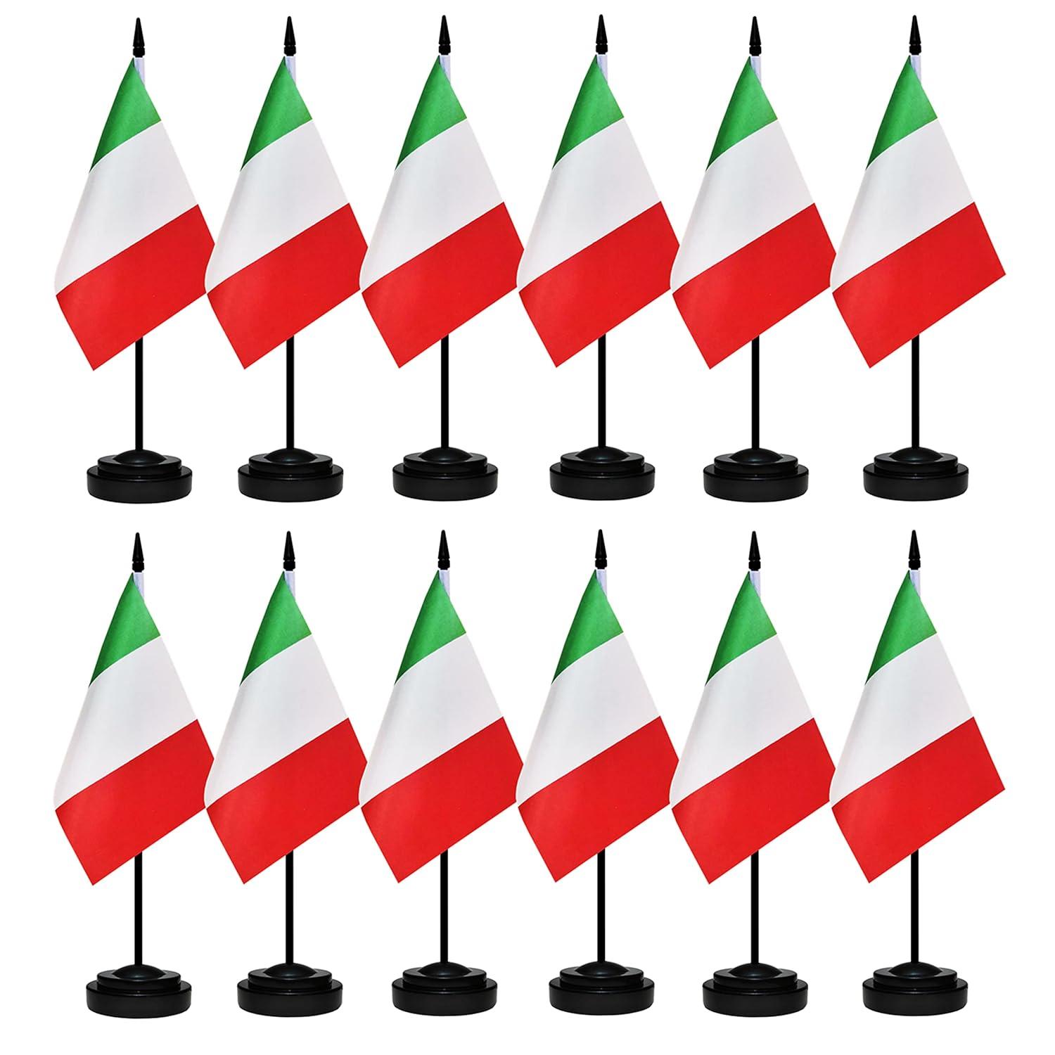 Italy Flags Italian Desk Flag Set Small Mini Italy Table Office Flag with 13" Black Pole, Black Base and Spear Top,Miniature Italian Deluxe Desktop Flag, Home Decoration, Office Decoration, Festival Celebrations(12 Pack )