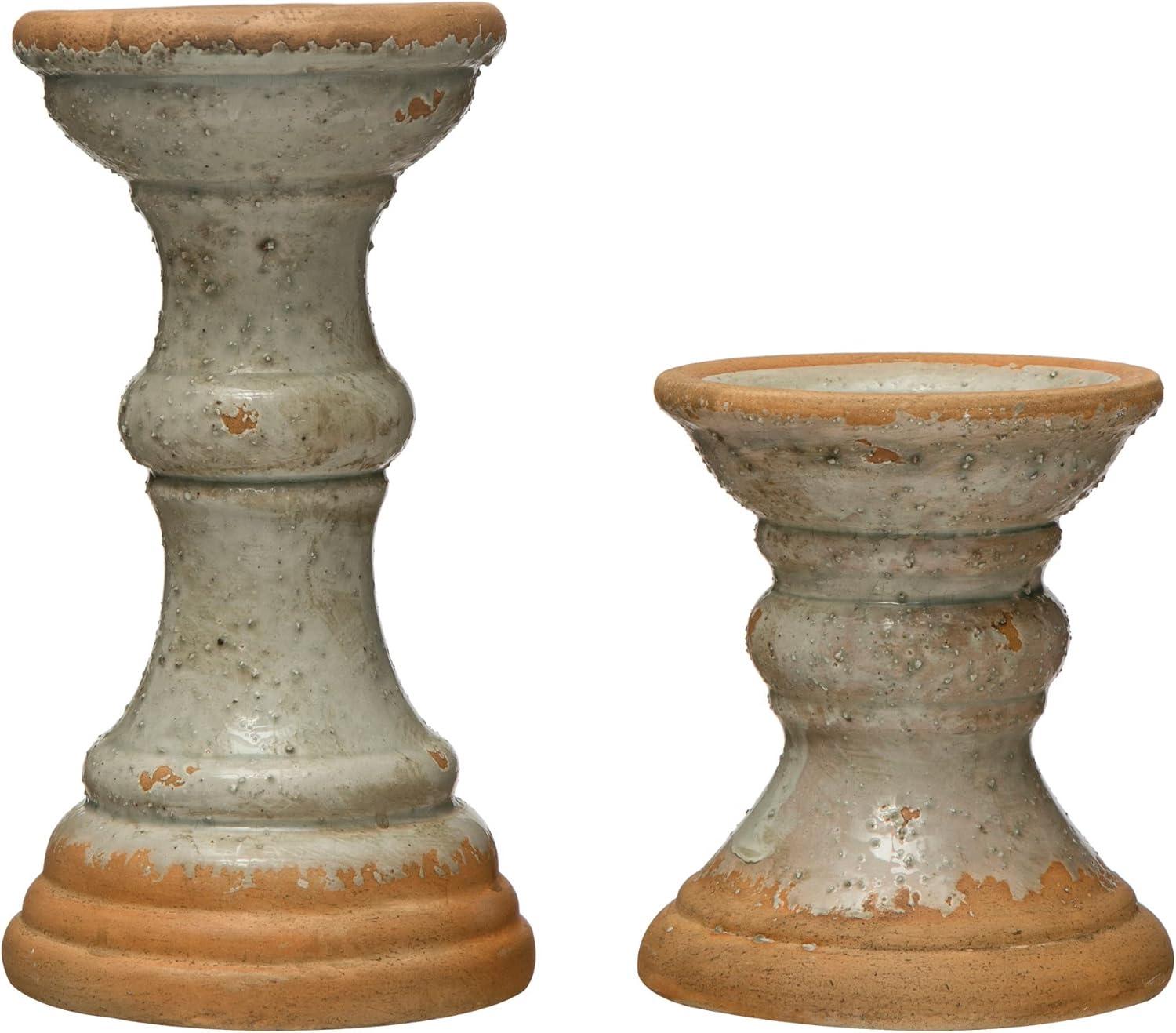 Creative Co-Op Coastal 2-Tone Terracotta Pillar Candle Holder, Distressed Grey