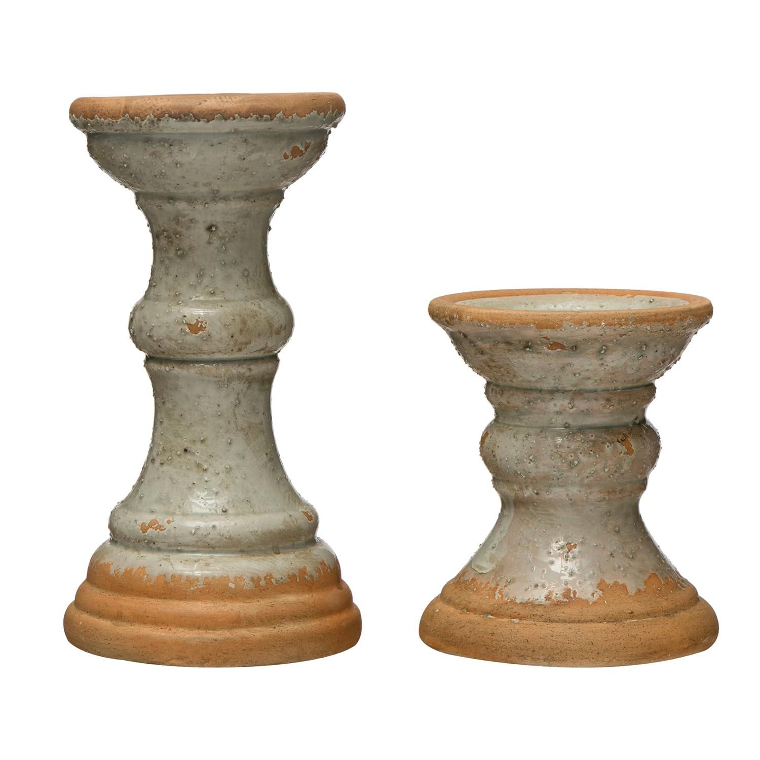 Creative Co-Op Coastal 2-Tone Terracotta Pillar Candle Holder, Distressed Grey