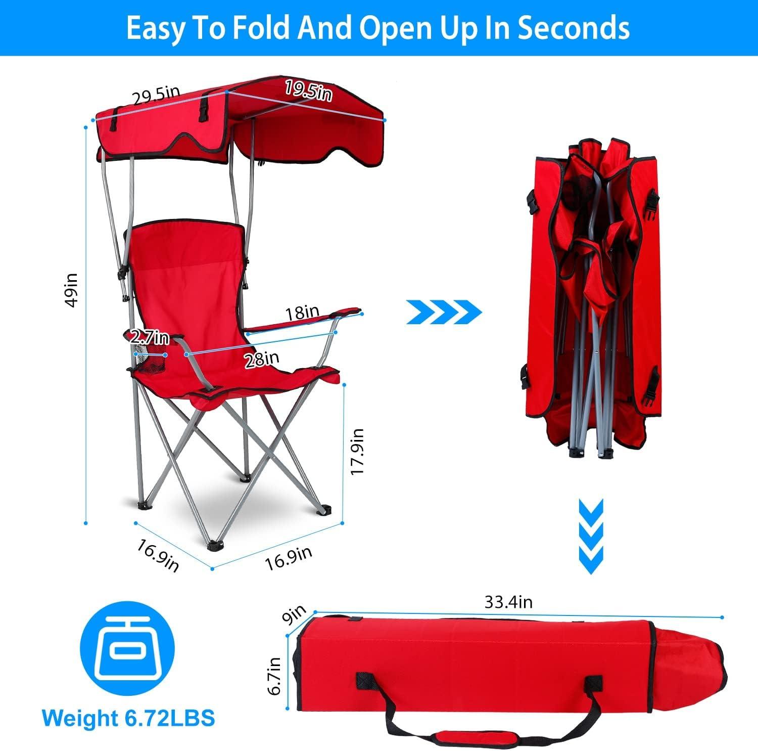 ChicCrest Elevon Camp Chairs with Shade Canopy Chair Folding Camping Recliner Support with Carrying Bag-Red