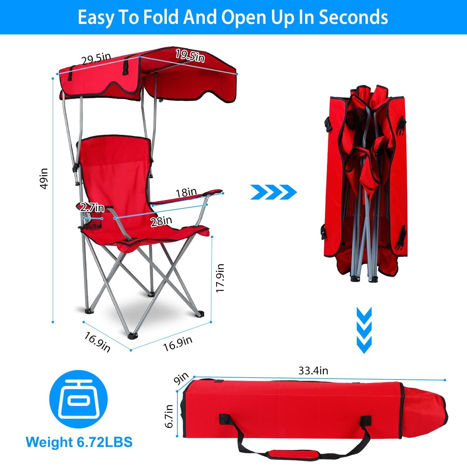 LakeForest"Foldable Beach Canopy Chair with Sun Protection, Cup Holder, and 330lbs Capacity for Outdoor Activities"Red