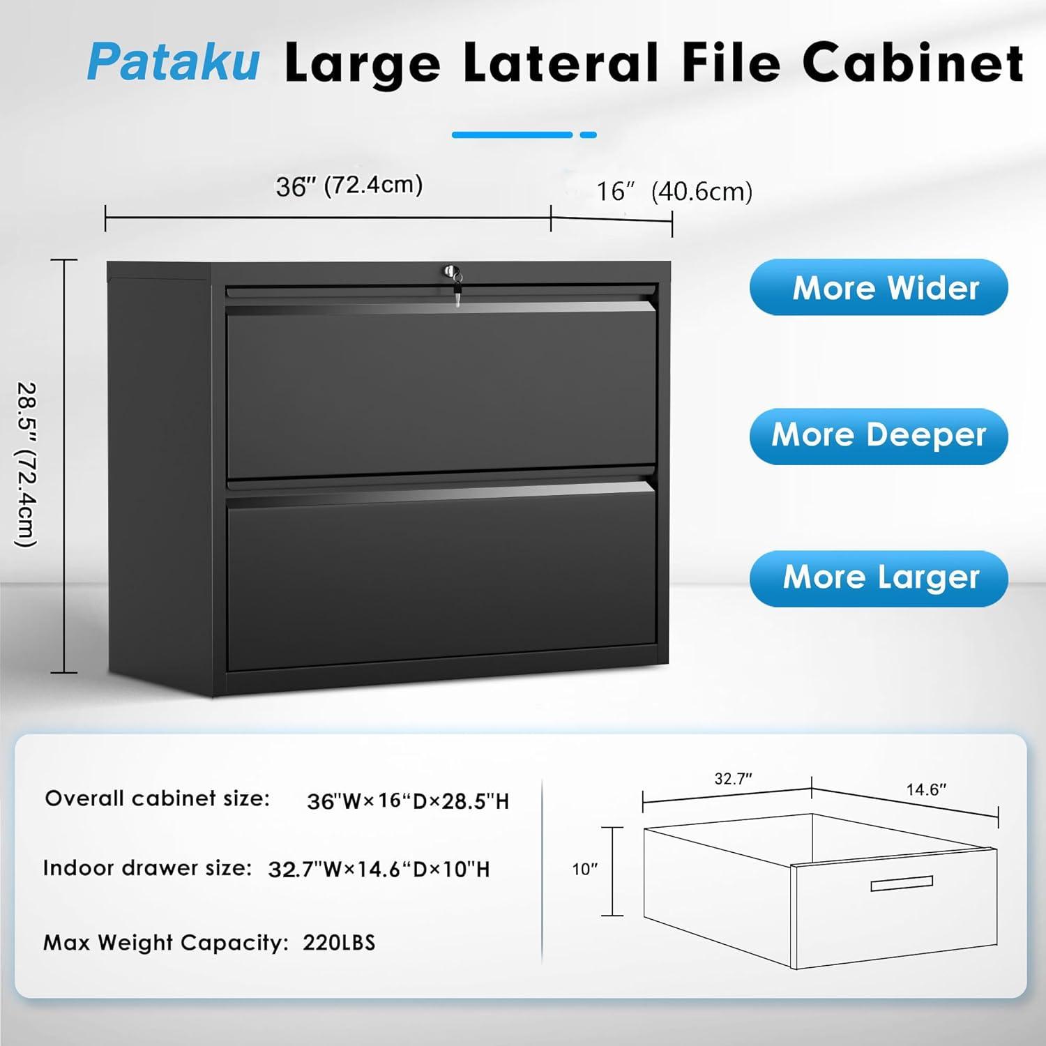 2 Drawer Metal Lateral File Cabinet with Lock, Filing Cabinet for Legal and Letter Size, Large Capacity Storage Cabinet for Home Office, Black