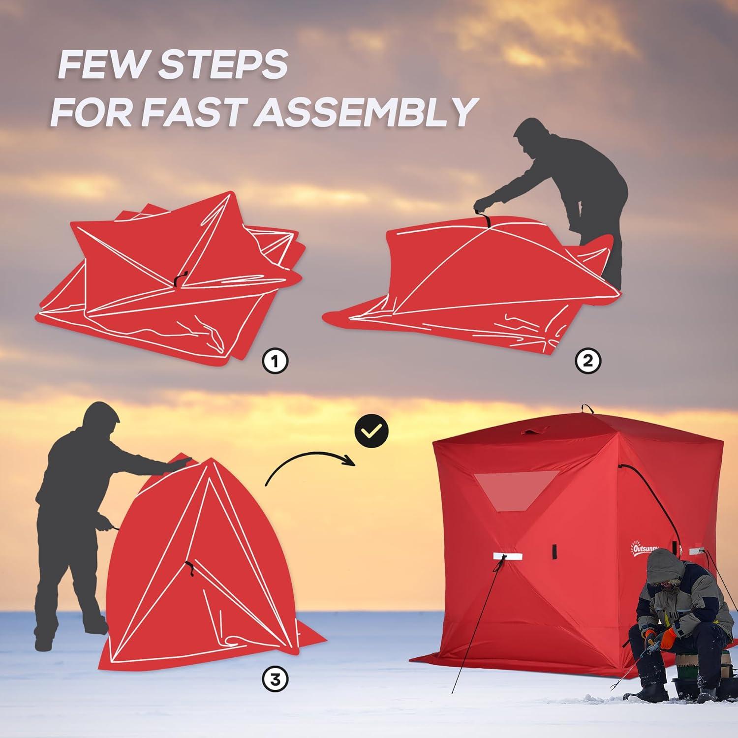 Outsunny 2-4 People Ice Fishing Shelter, Pop-Up Portable Ice Fishing Tent with Carry Bag, Two Doors, Windows and Vents, Ice Shanty for Winter Fishing, Red