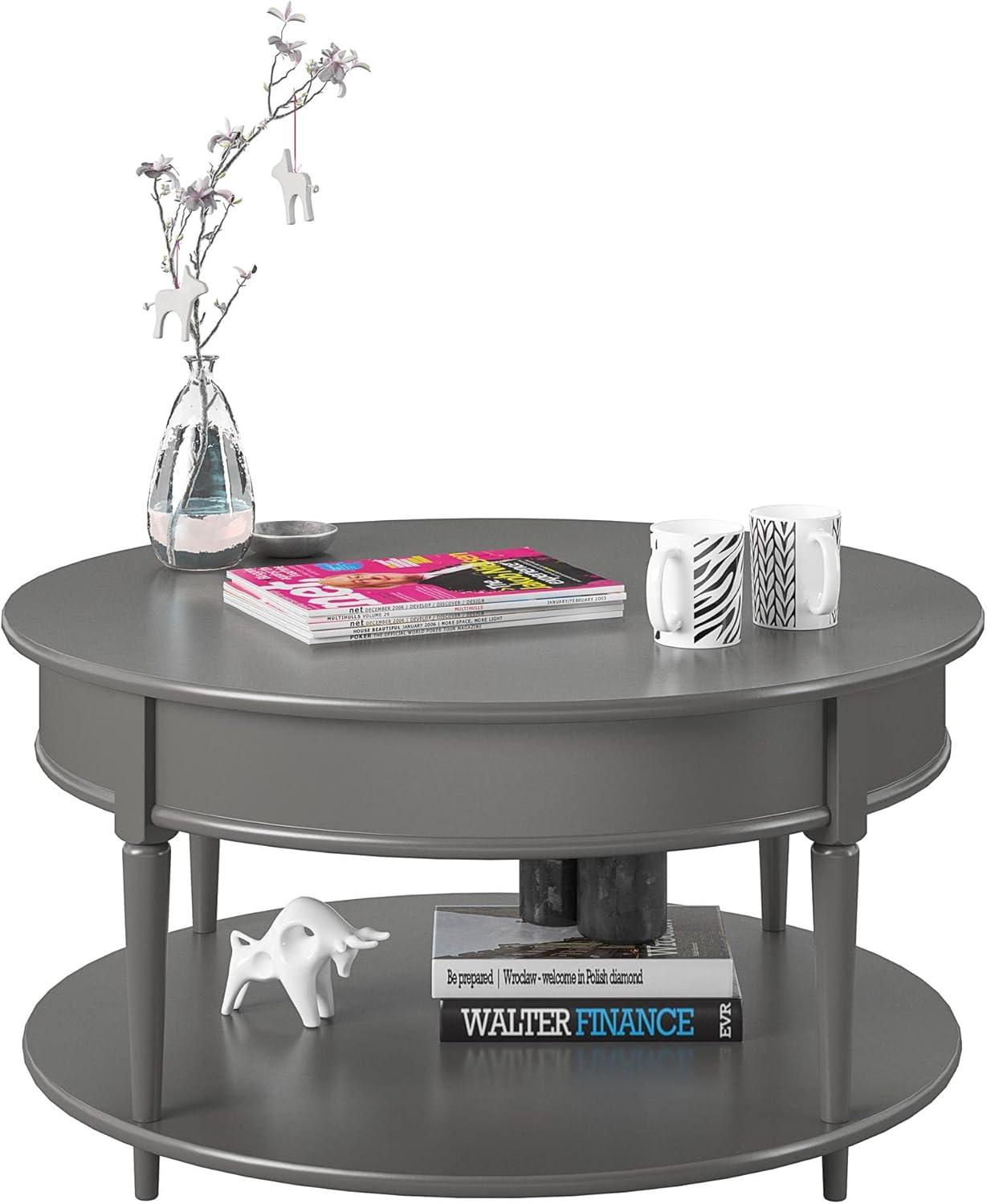 Gray Round MDF Coffee Table with Lower Shelf