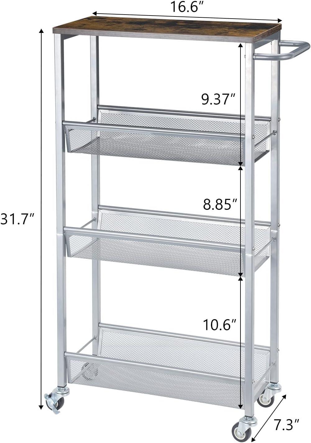 NANANARDOSO 4 Tier Slim Storage Cart, Shelving Unit for Small Space, Rolling Cart with Wooden Top and Metal Handle for Narrow Space on Kitchen, Bathroom, Laundry Room, Black.