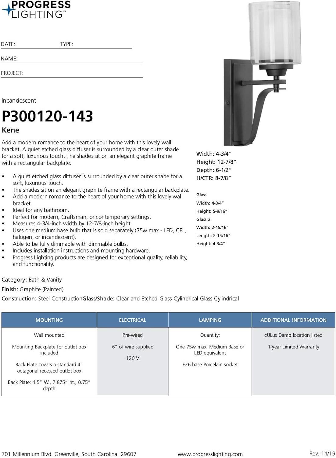 Progress Lighting Kene 1-Light Wall Bracket, Graphite, Etched Glass Shade