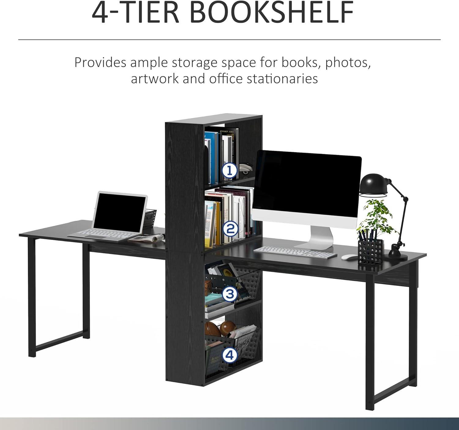 HOMCOM 88 Extra Long 2 Person Computer Desk with Storage Shelves Combo Double Workstation Storage Study Writing Table for Home Office Bookshelf Black