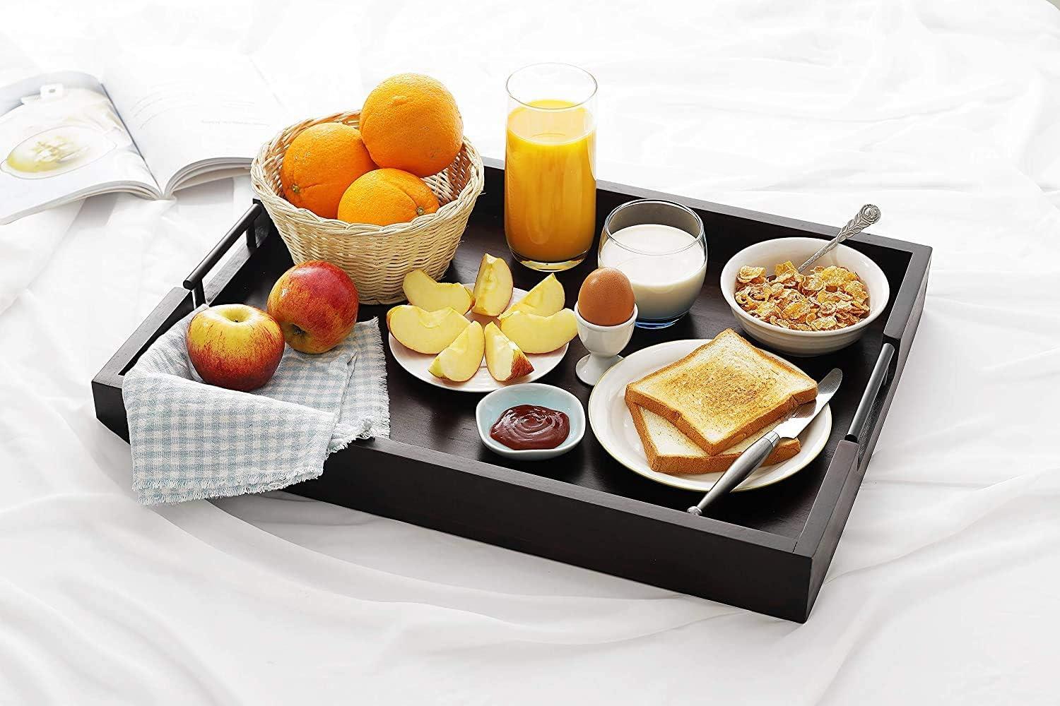Ottoman Tray, 16.5"x12.5"x2.5" Acacia Wood Serving Tray with Black Metal Handles, Great for Ottoman Tray, Food Tray, Breakfast Tray, Eating Tray
