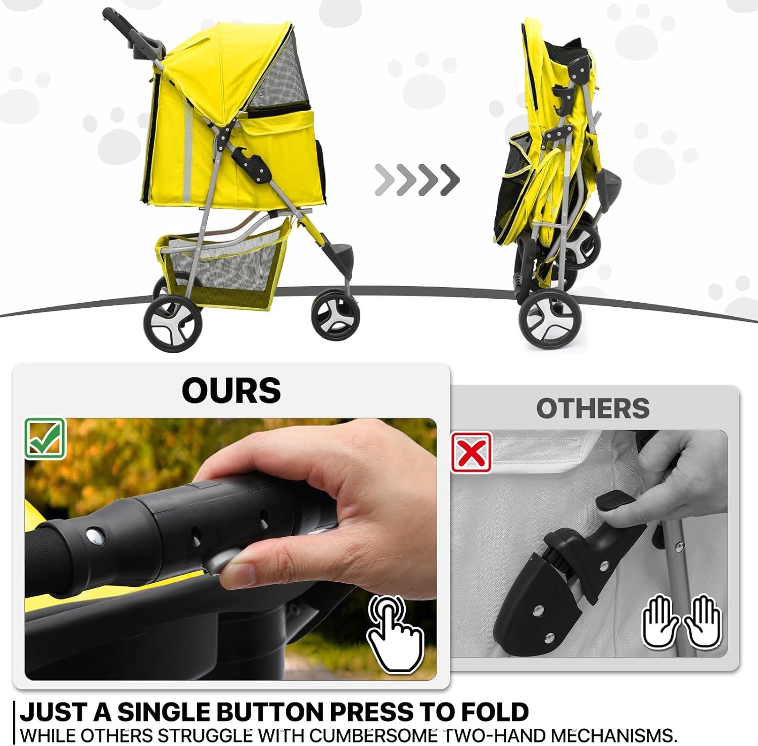 MoNiBloom Pet Dog Stroller, 3 Wheels Foldable Cat Trolley with Storage Basket, Cup Holder and 360° Rotating Front Wheel for Small Medium Dogs, Yellow