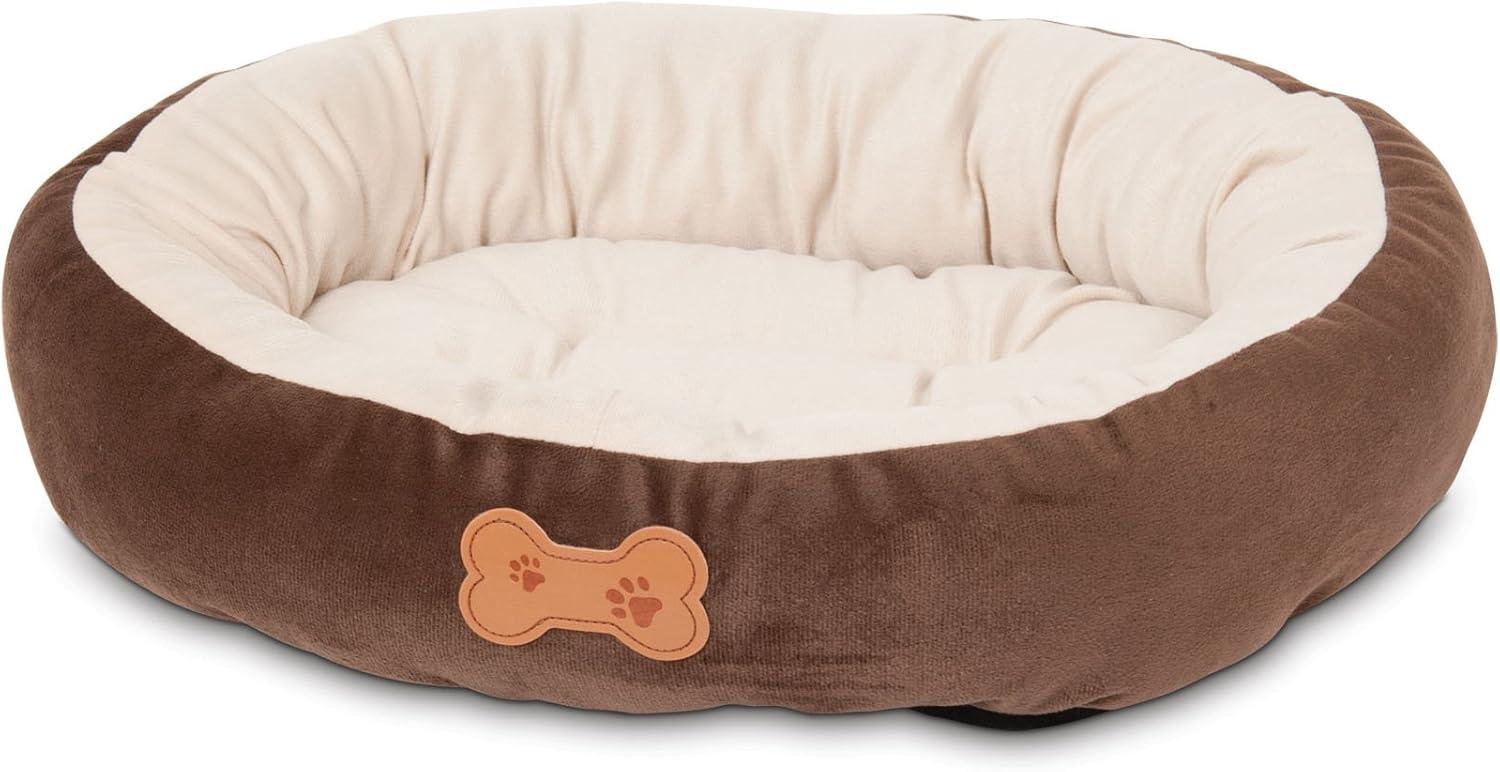 Small Brown Polyester Oval Pet Bed with Bone Applique