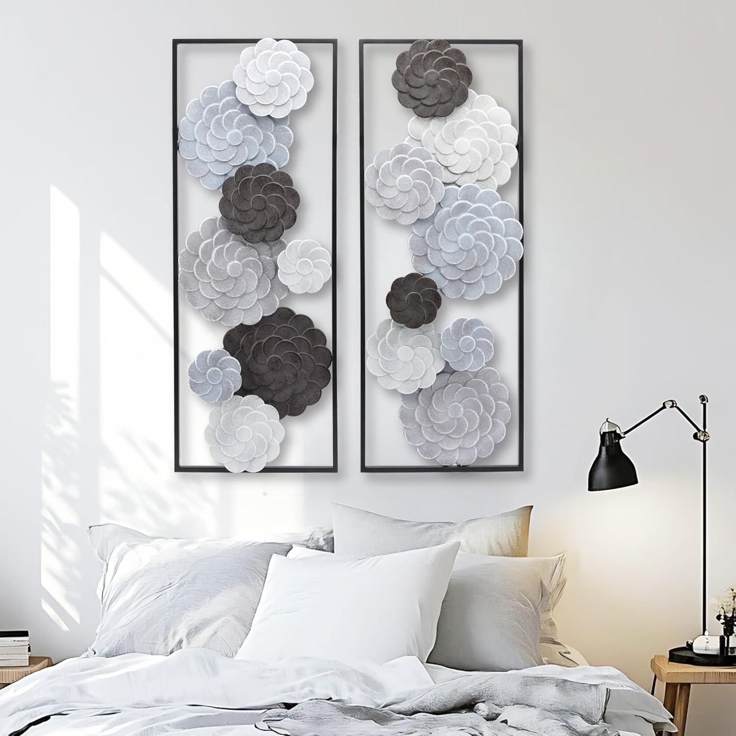 LuxenHome Multi-Color Flowers Metal Rectangular Panels Wall Decor Wall Art, Set of 2 Multicolored