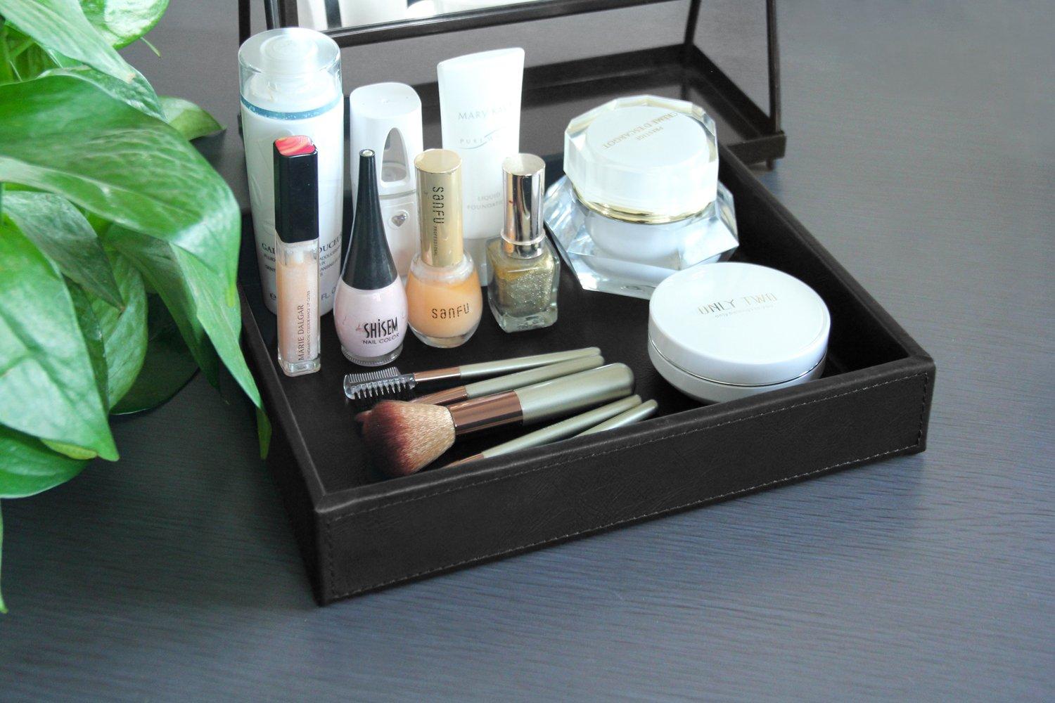 HofferRuffer PU Leather Catchall Tray, Jewelry Tray, Desktop Storage Organizer, Valet Tray, Leather Tray for Nightstand or Dreeser Organizer, Black, 10.2 x 8.4 x 1.8 inches