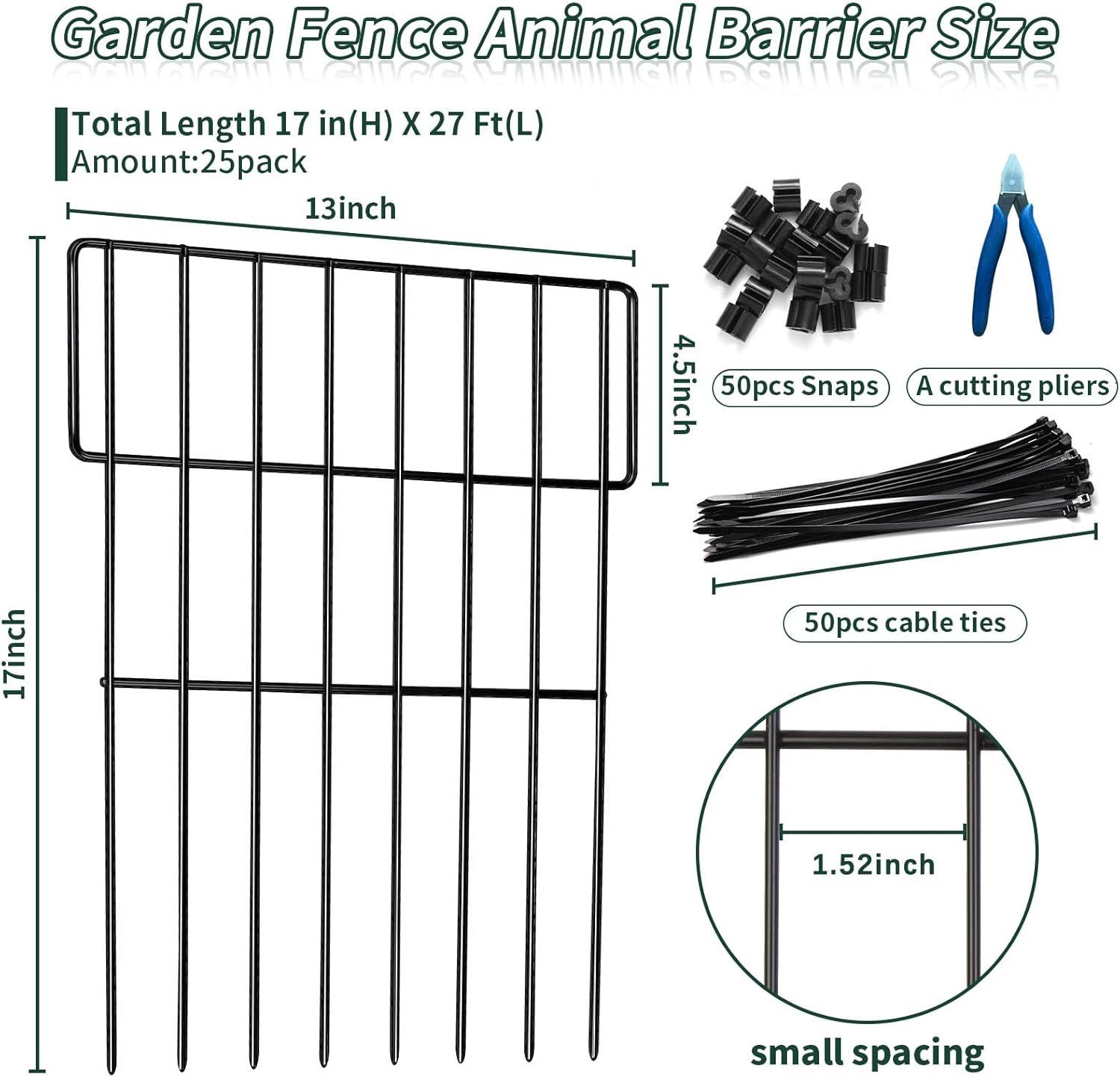 25 Pack Garden Animal Barrier Fence, 1.65inch Spike Spacing No Dig Fence, Reusable Rustproof Metal Fence Border, Dogs Rabbits Blocker Fence for Outdoor Yard, Total 27ft(L) x 17inch(H)