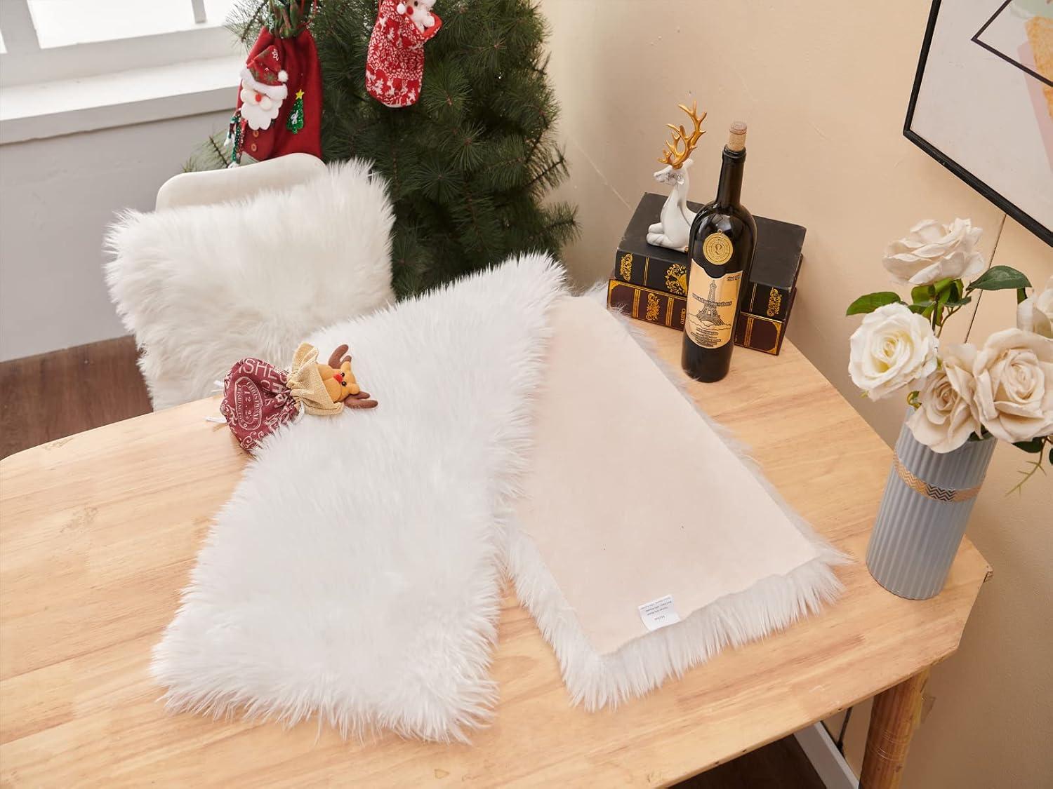 Table Runner, Thanksgiving Modern Small White Fur Table Runners for Party Birthday Christmas Friendsgiving Wedding Dinning Table, Decorative Rug Luxury Faux Fur Runner for Table(11.8x31.5inch)