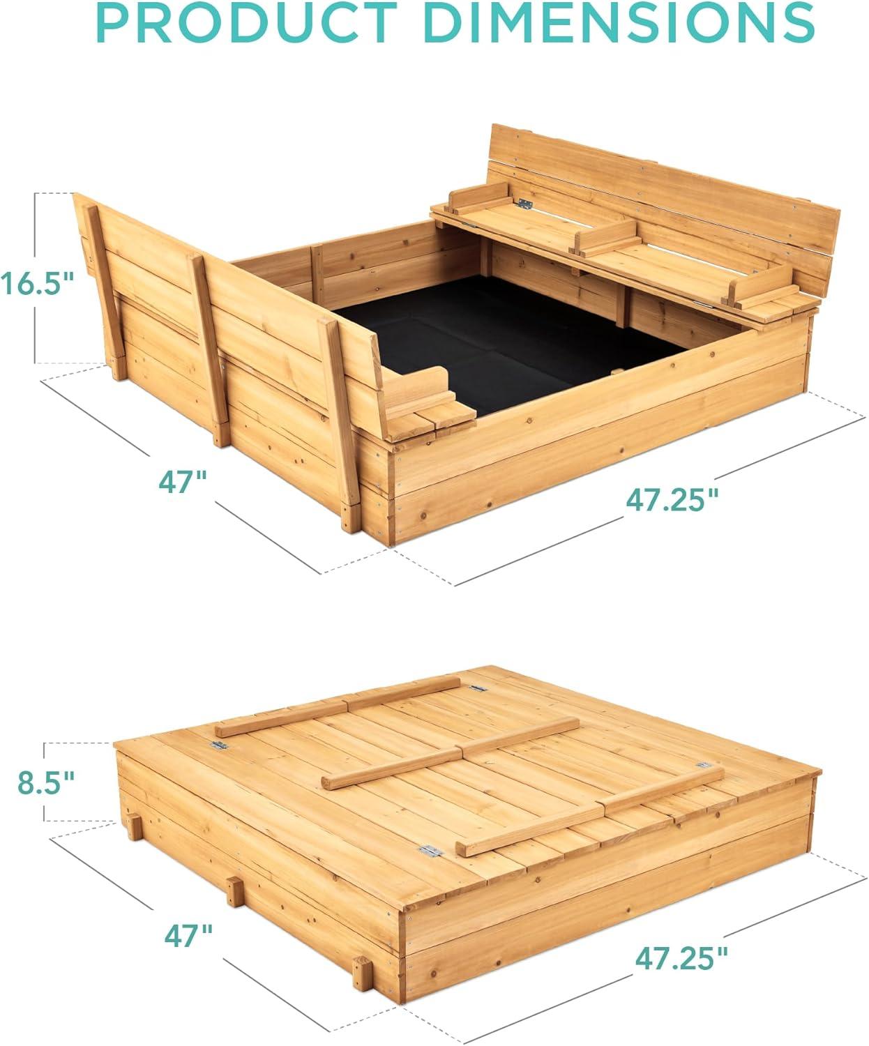 Natural Cedar Wood Kids Outdoor Sandbox with Foldable Benches