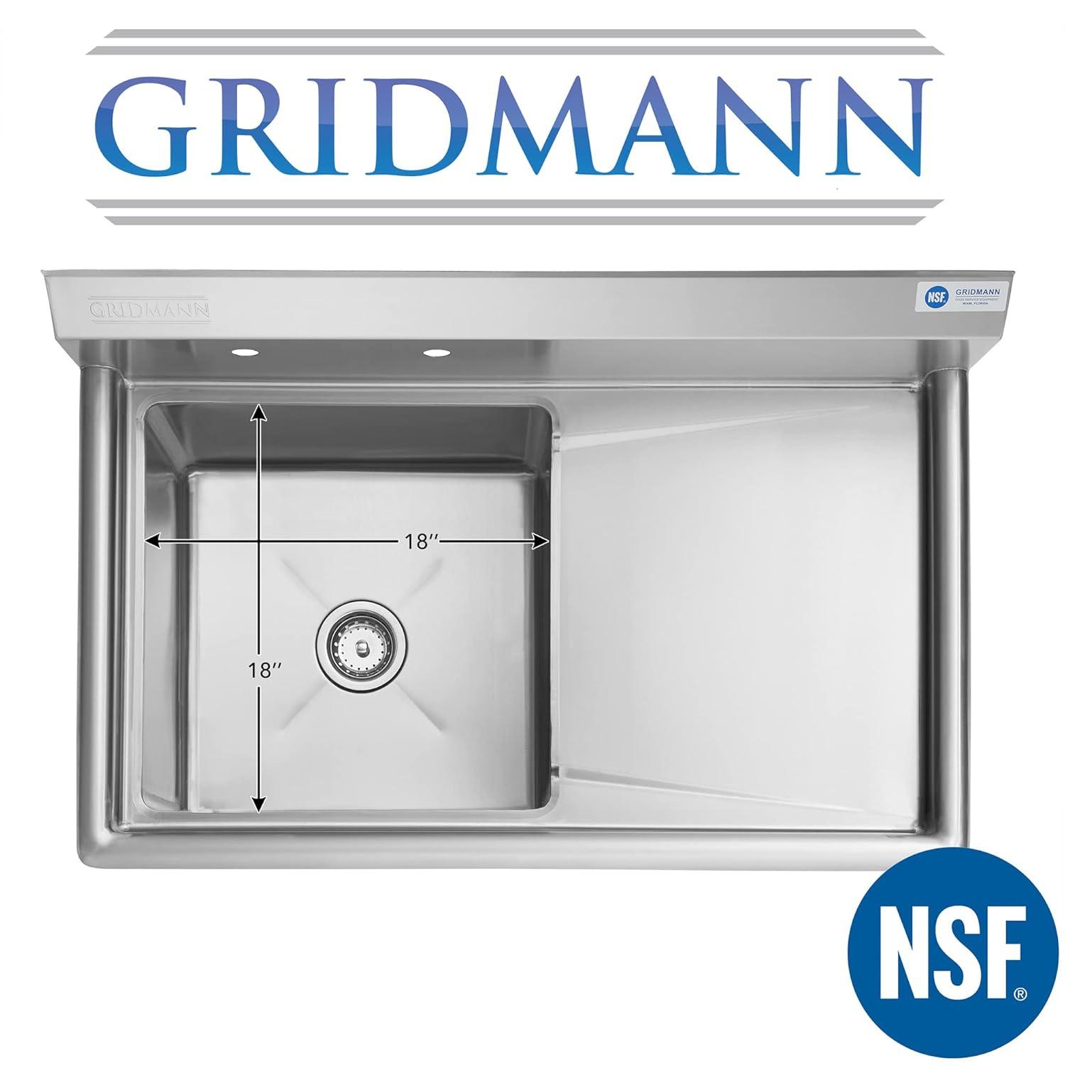 18 Inch Right Drainboard NSF Stainless Steel Sink By GRIDMANN