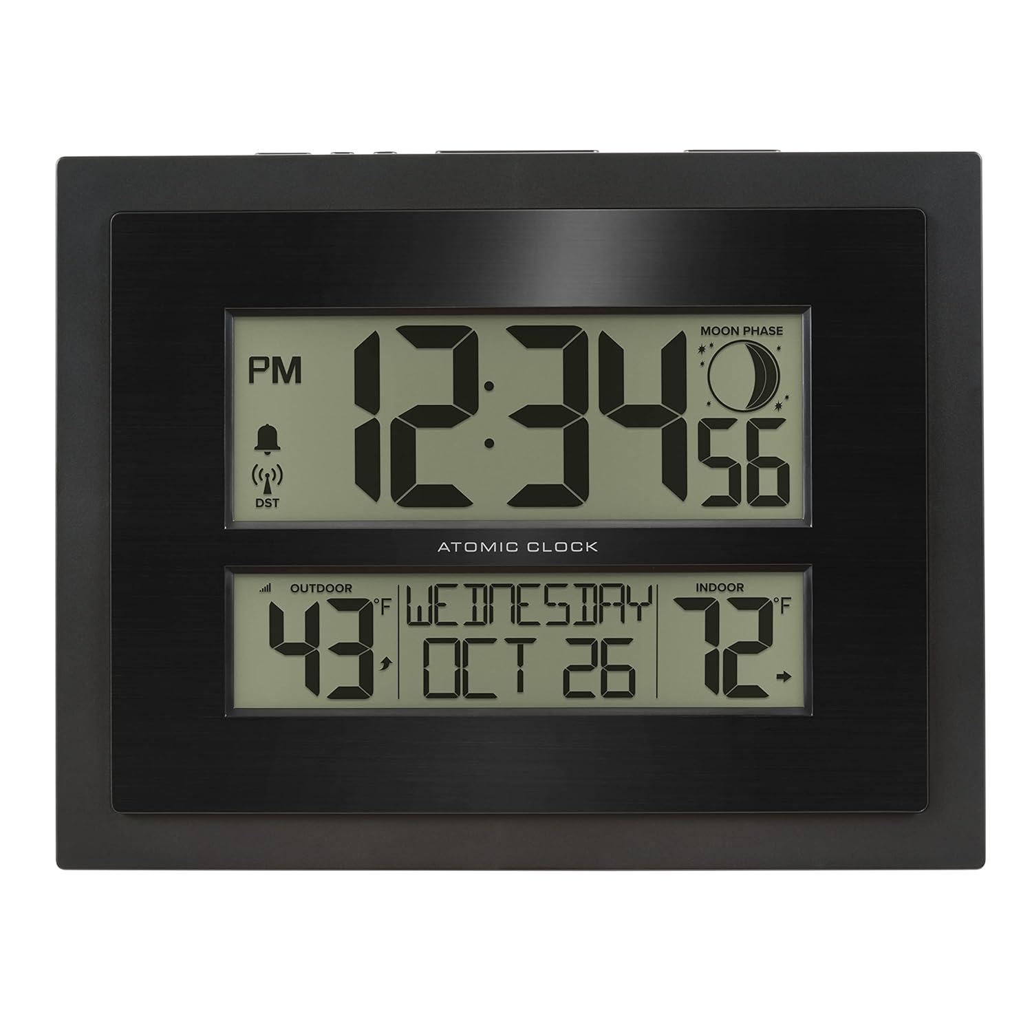 Black Digital Atomic Wall Clock with Outdoor Temperature Display