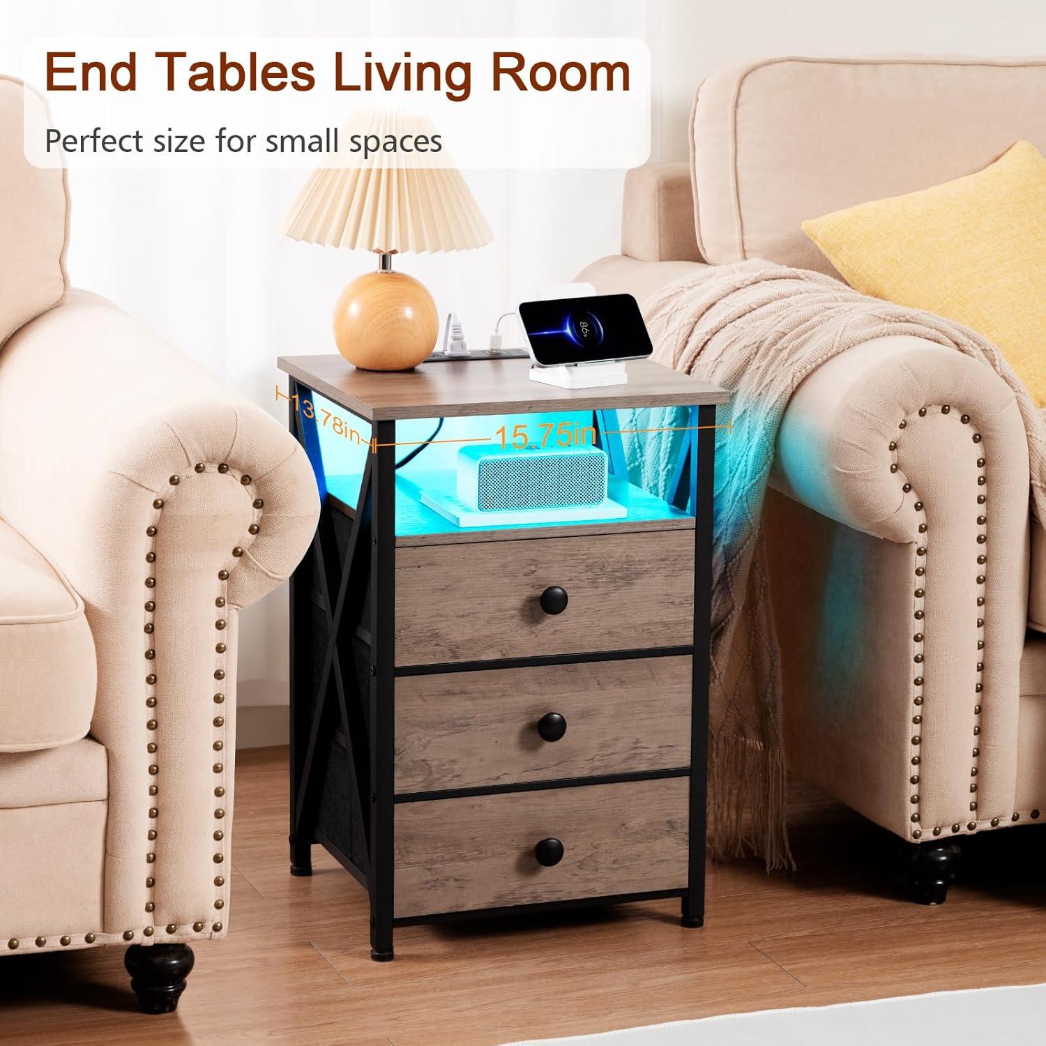 Greige Industrial Nightstand Set with LED and Charging Station