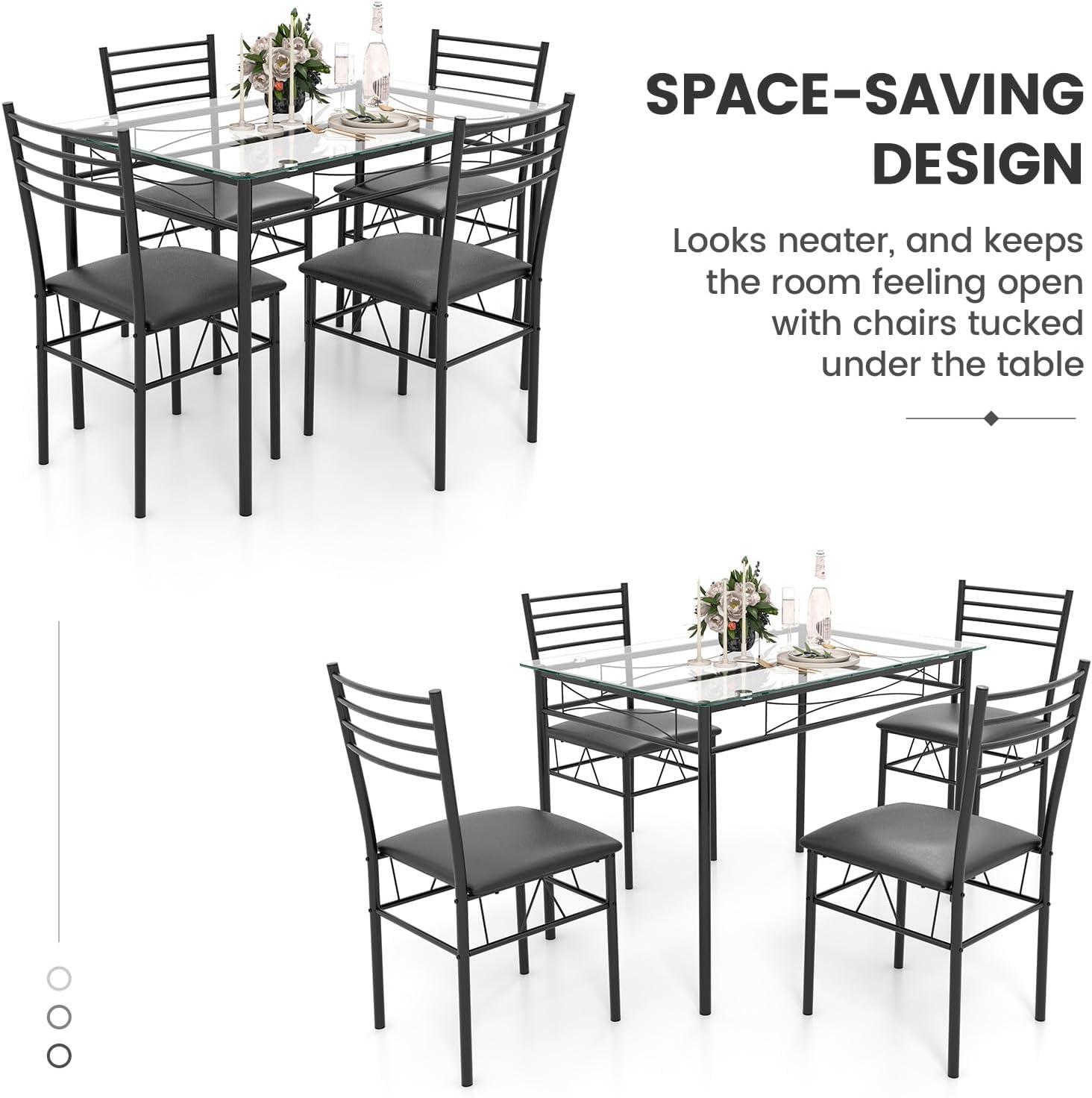 Modern Black Metal and Glass 5-Piece Dining Set