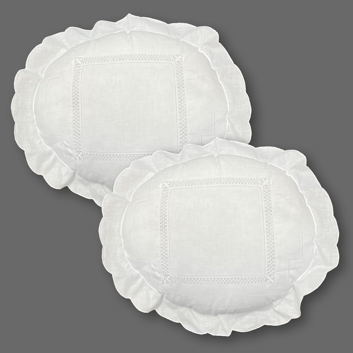 White Cotton Embroidered Round Pillow Set with Ruffled Edges