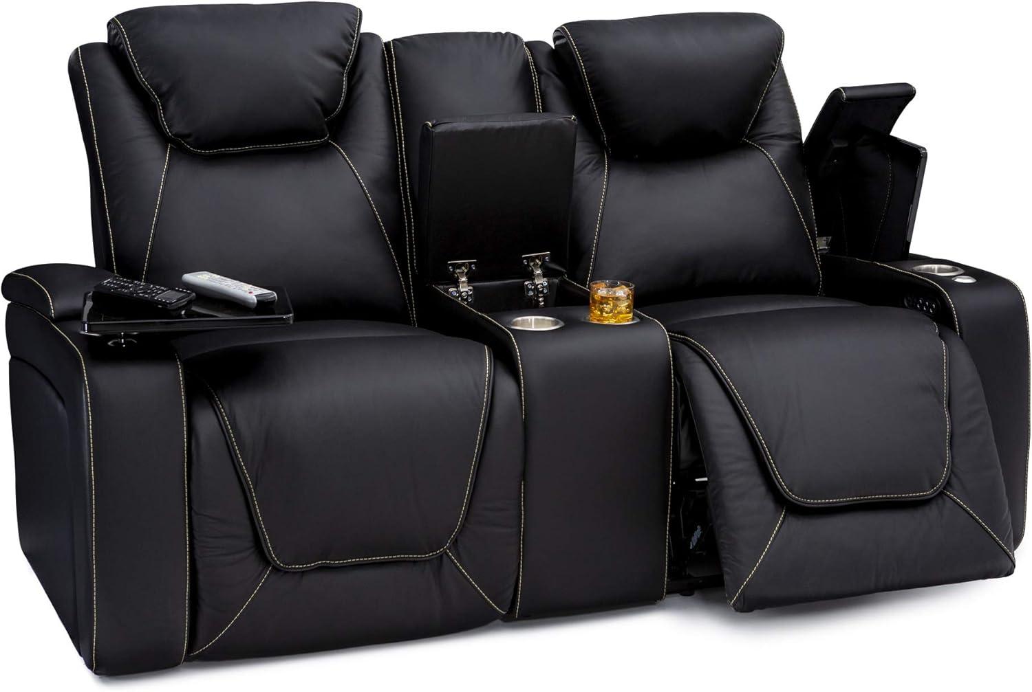 Black Leather Reclining Sofa with Cup Holders and USB Charging