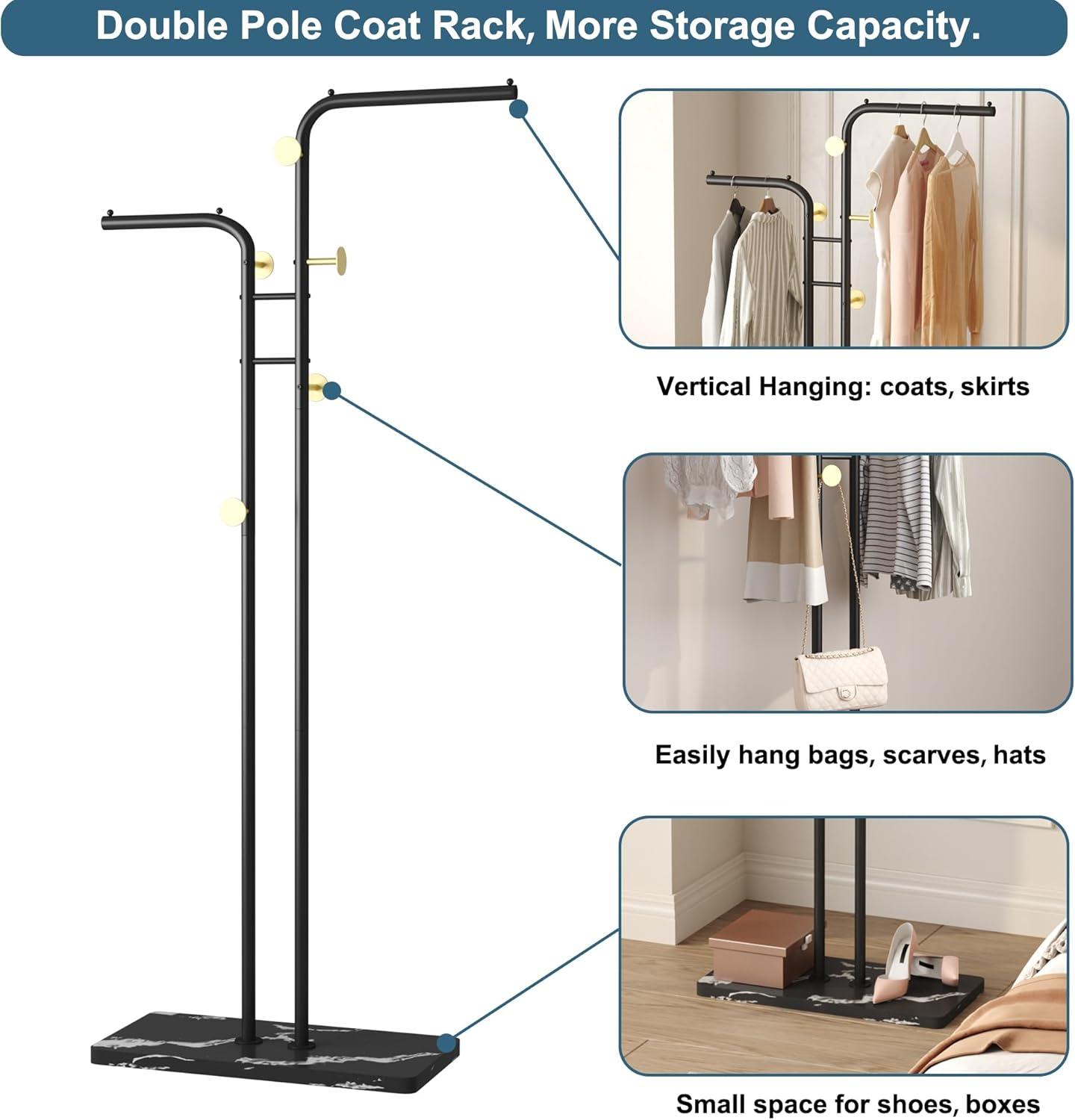 Coat Rack, Freestanding Metal Coat Racks, Double-pole Clothes Hat Stand with 5 Hooks for Closet, Bedroom, Entryway, Living Room