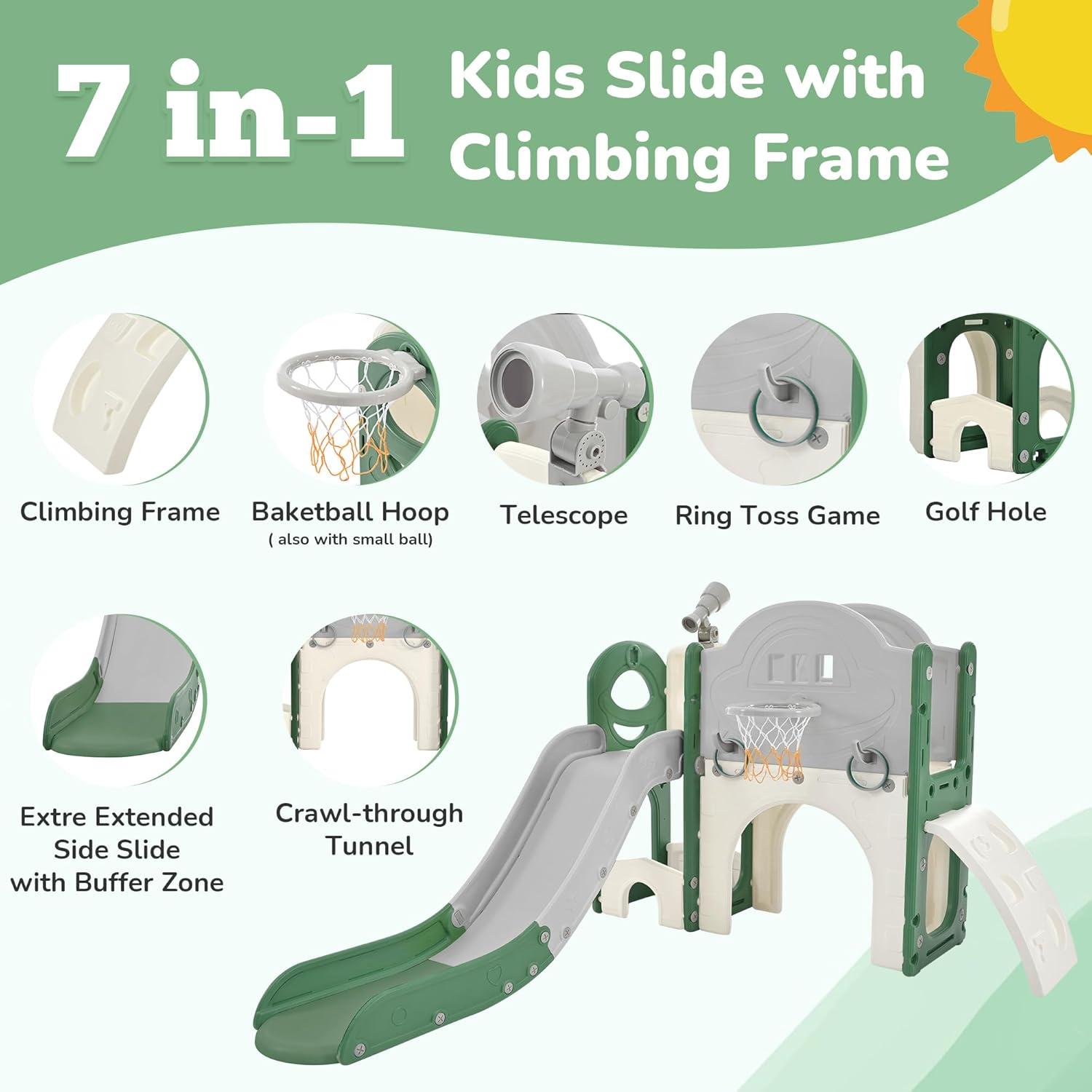 7 in 1 Toddler Slide Playset Indoor Playground,Kids Slide Outdoor Freestanding Climber with Slide, Arch Tunnel, Toss and Basketball Hoop, for Toddlers, Kids Climbers Playground (Green)