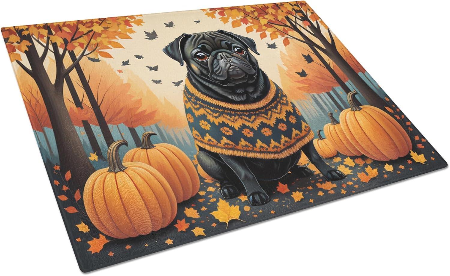 Black Pug Fall Glass Cutting Board Large