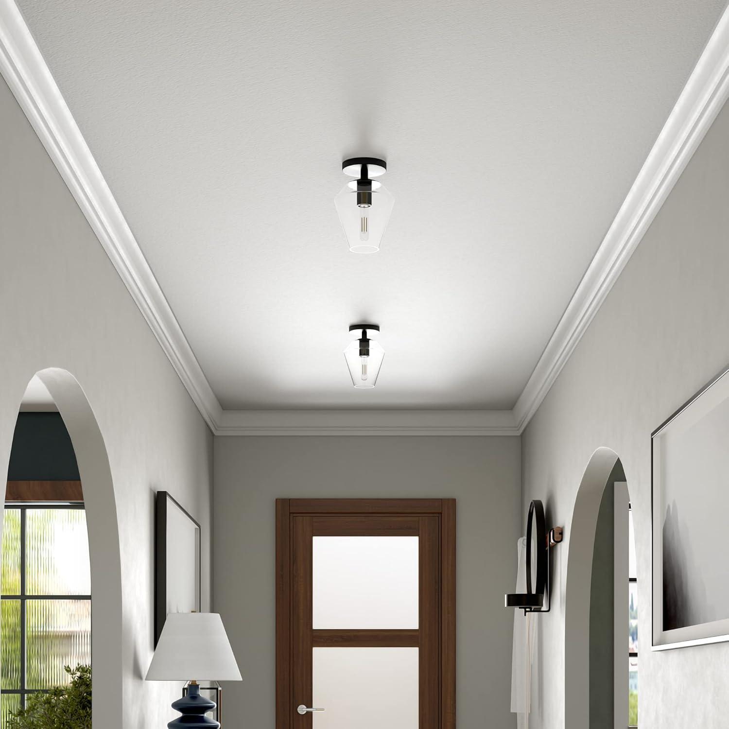 Gem-Shaped Matte Black Semi-Flush Mount with Glass Shade