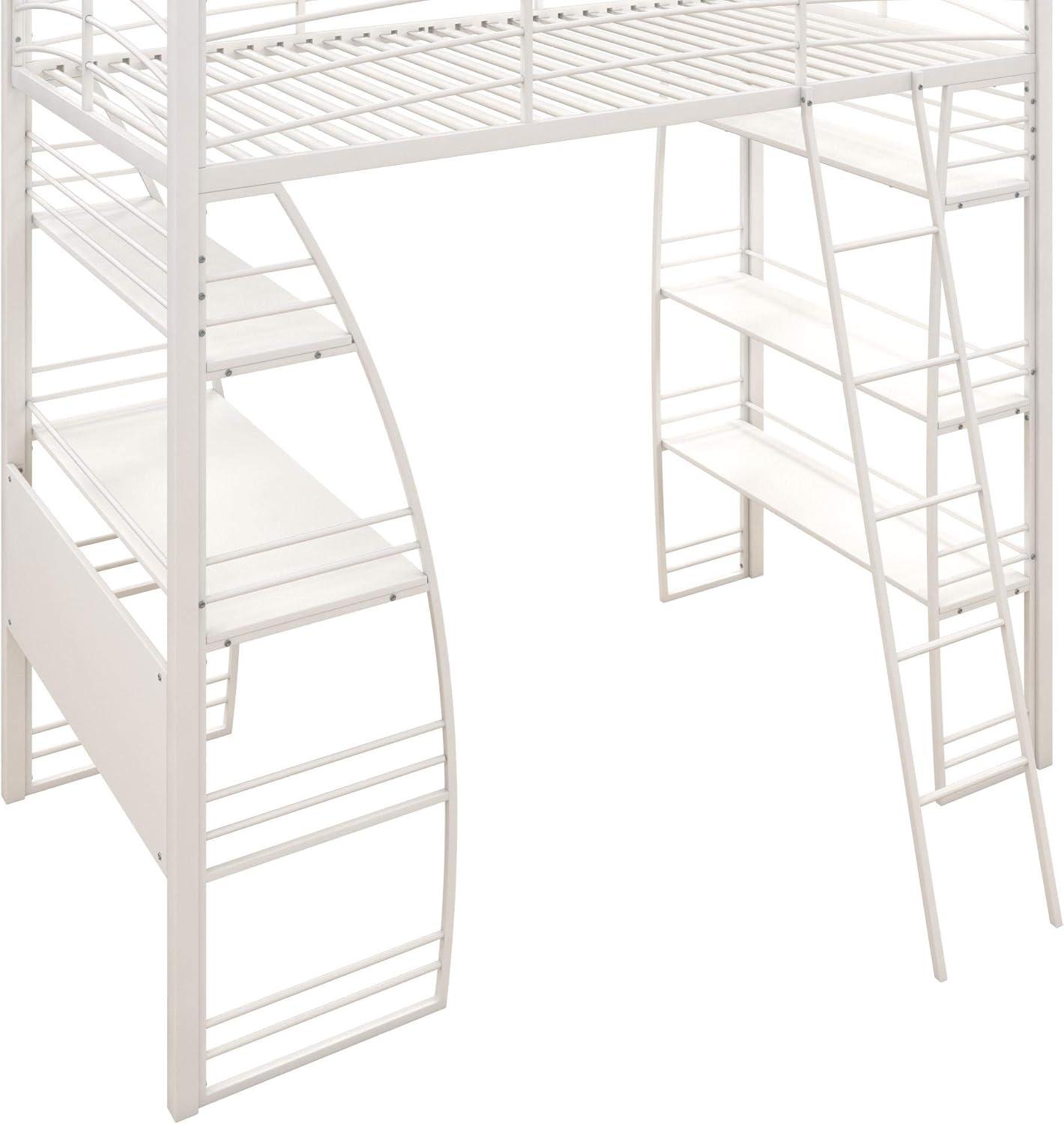 DHP Sage Studio Twin Metal Loft Bed with Integrated Desk and Shelves, Off White