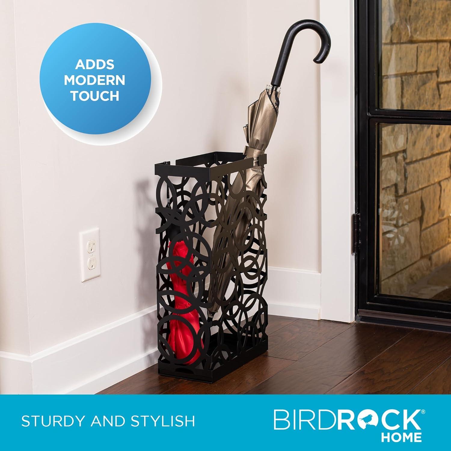 BIRDROCK HOME Decorative Umbrella Stand with Removable Water Tray - Large Metal Umbrella Rack and Cane Walking Stick Organizer for Entryway - Umbrella Holder for Indoor & Outdoor - Black, Circle