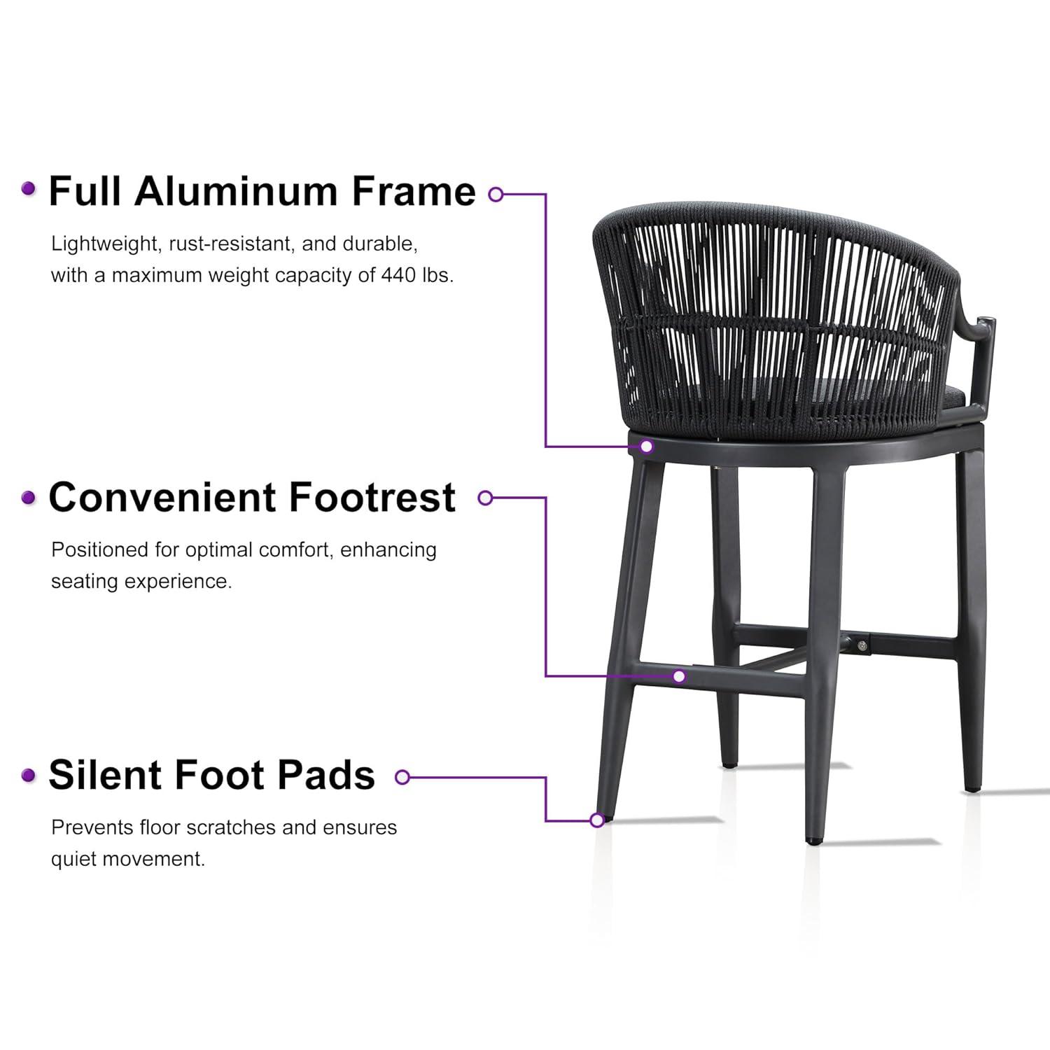 PURPLE LEAF Patio Bar Stools Set of 2 Outdoor Wicker Modern High Bar Chairs Metal Cushioned Barstools with Backs and Ergonomic Armrest for Balcony Garden Indoor Kitchen Island, Gray