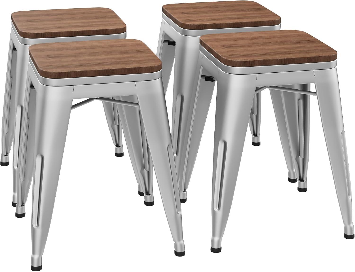 Flash Furniture 18" Backless Table Height Stool with Wooden Seat, Stackable Silver Metal Indoor Dining Stool, Commercial Grade - Set of 4