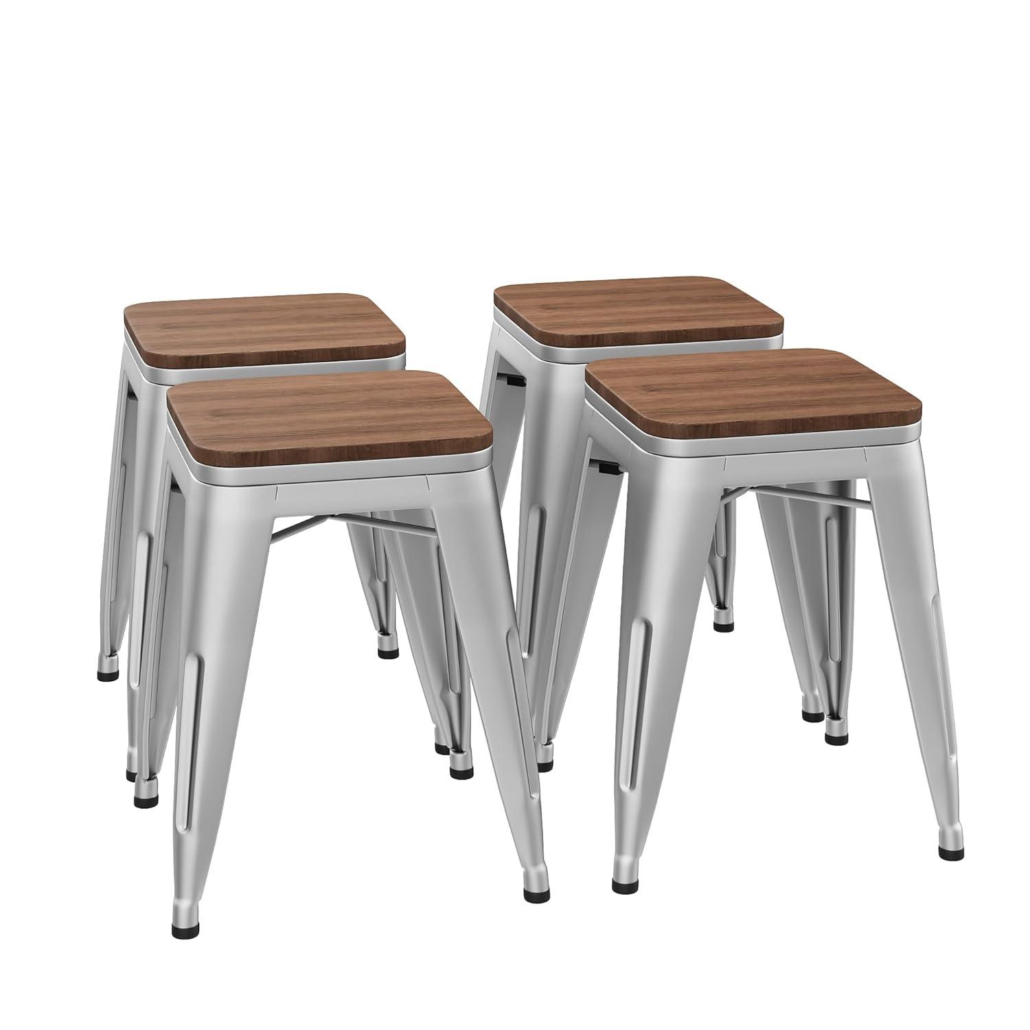 Flash Furniture 18" Backless Table Height Stool with Wooden Seat, Stackable Silver Metal Indoor Dining Stool, Commercial Grade - Set of 4