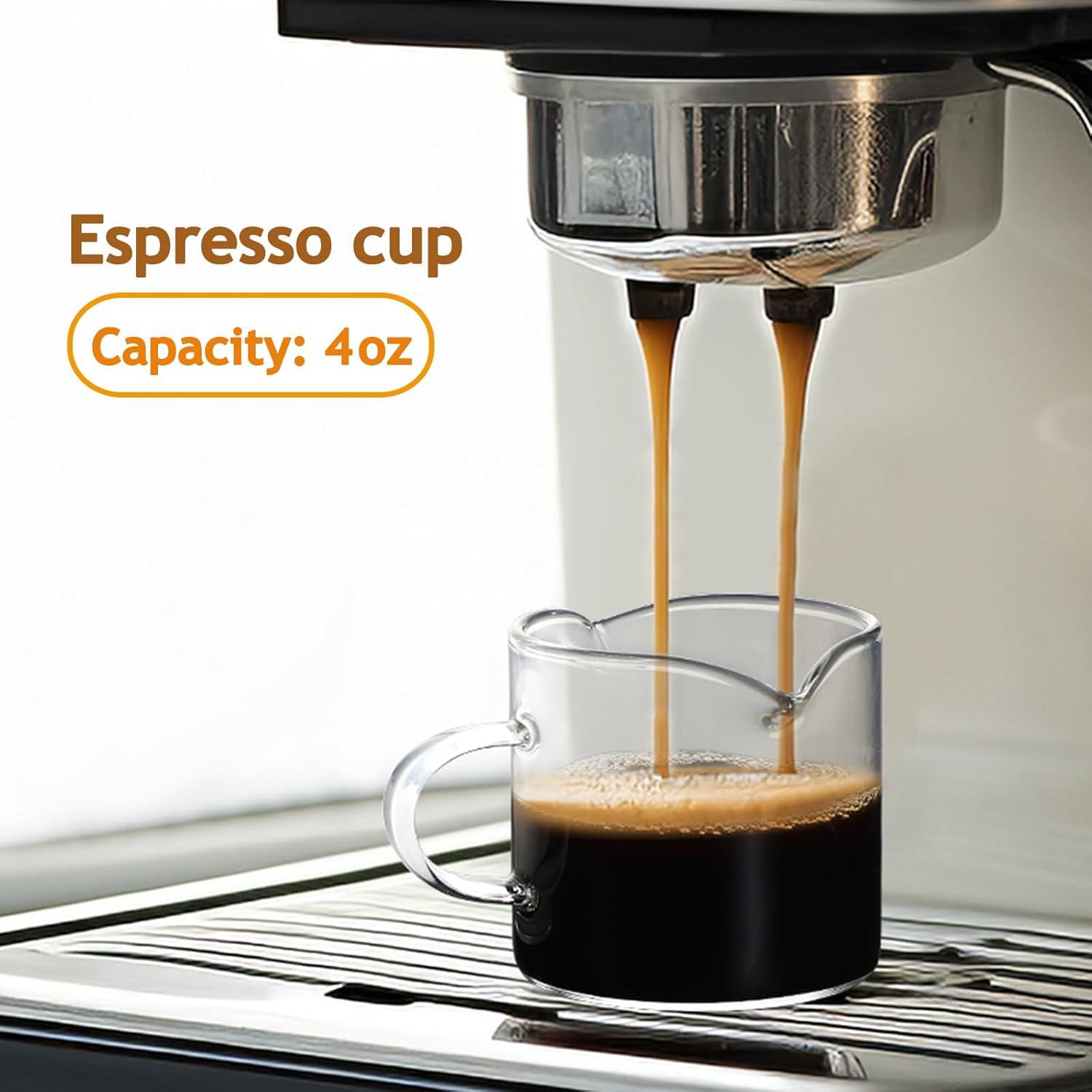 Espresso Cups Set of 2, 4 oz Double Spouts Cup, Espresso Shot Glasses with Handle, V-Shaped Spout Milk Cup, Borosilicate Glass, Mini Clear Glasses for Coffee Bar, Machine Accessories