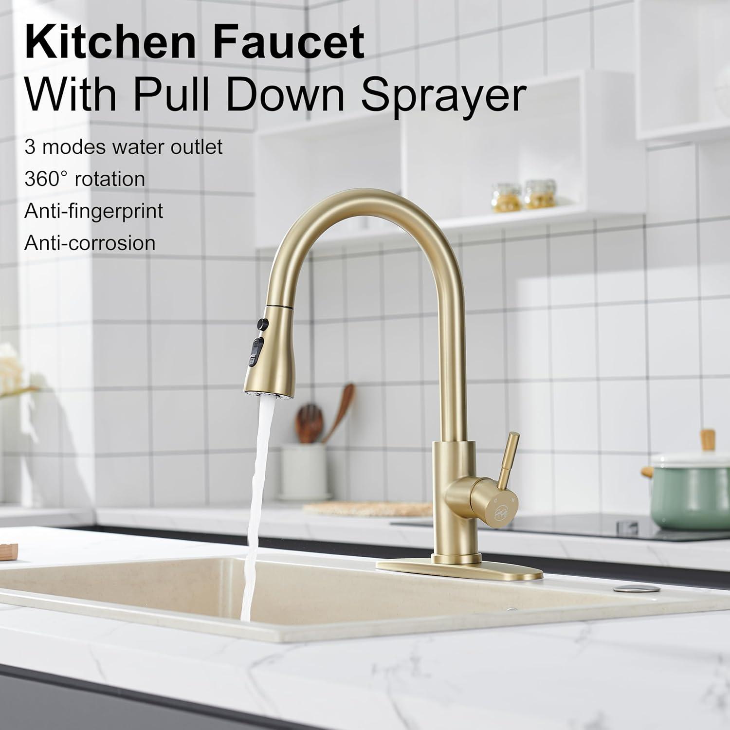 Single Handle Pull Down Sprayer Kitchen Faucet High Arc Stainless Steel Faucet with 3-Function Sprayer