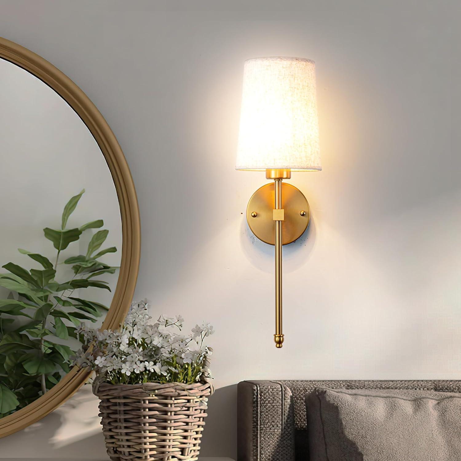 Battery Operated Wall Sconce Set Of Two with Remote Control, Indoor Not Hardwired Dimmable Battery Operated Wall Sconce Light Fixture with Fabric Linen Shade For Bedroom Living Room, Bulb Included ( C