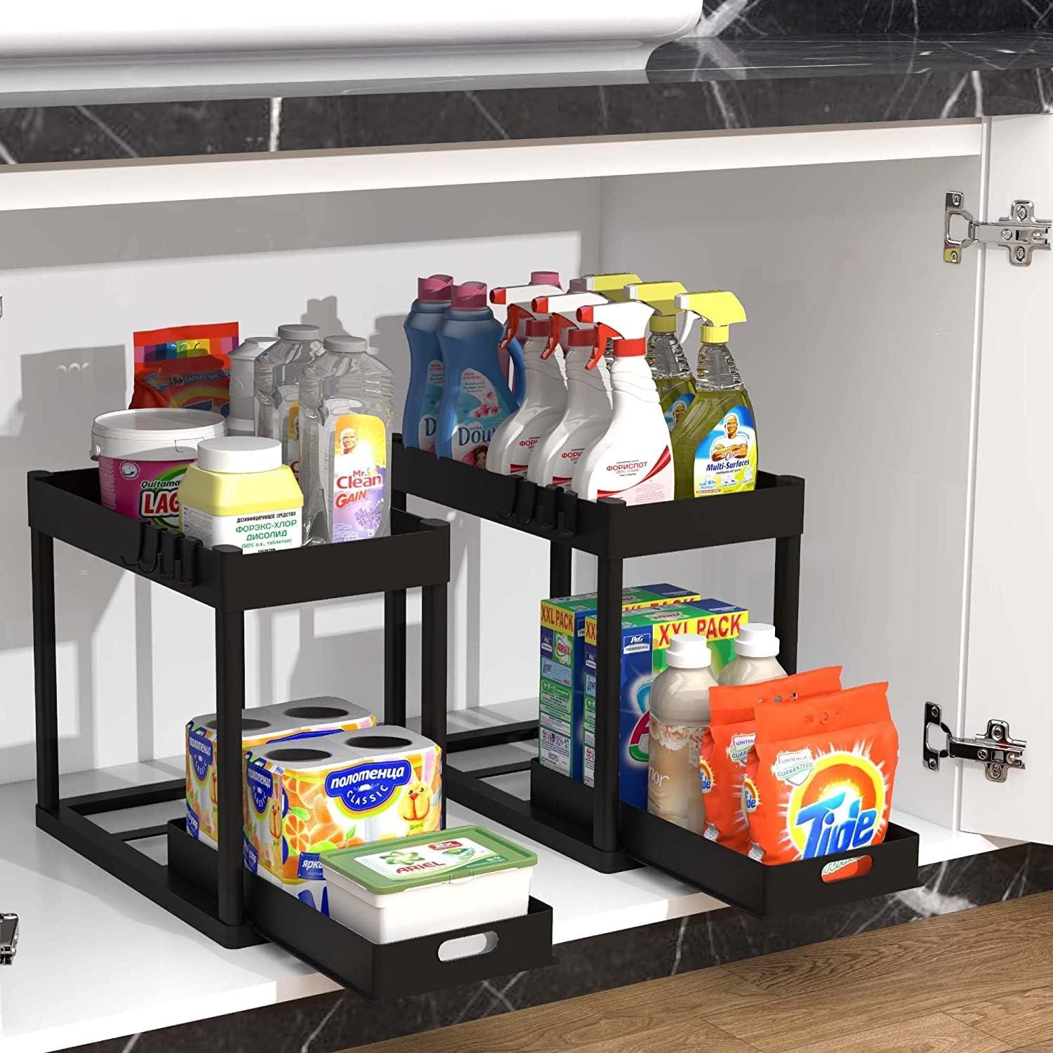 Black 2-Tier Under Sink Organizer Rack with Sliding Drawers and Hooks