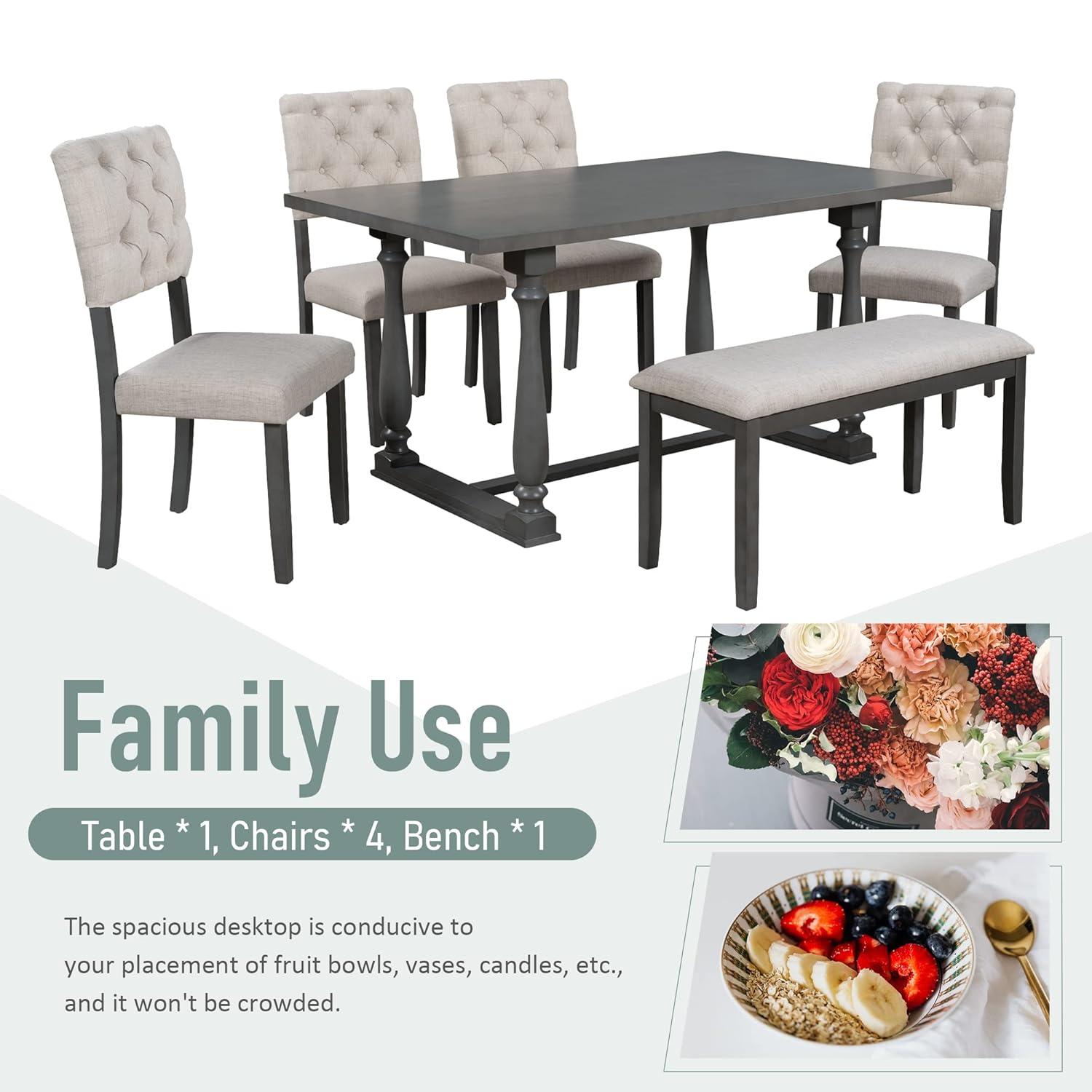 Kitchen Dining Set for 6, Retro Style Rectangular Wood Table and 4 Chairs 1 Bench with Special-Shaped Legs and Foam-Covered Seat Backs&Cushions for Family,(6 Pieces,Grey)