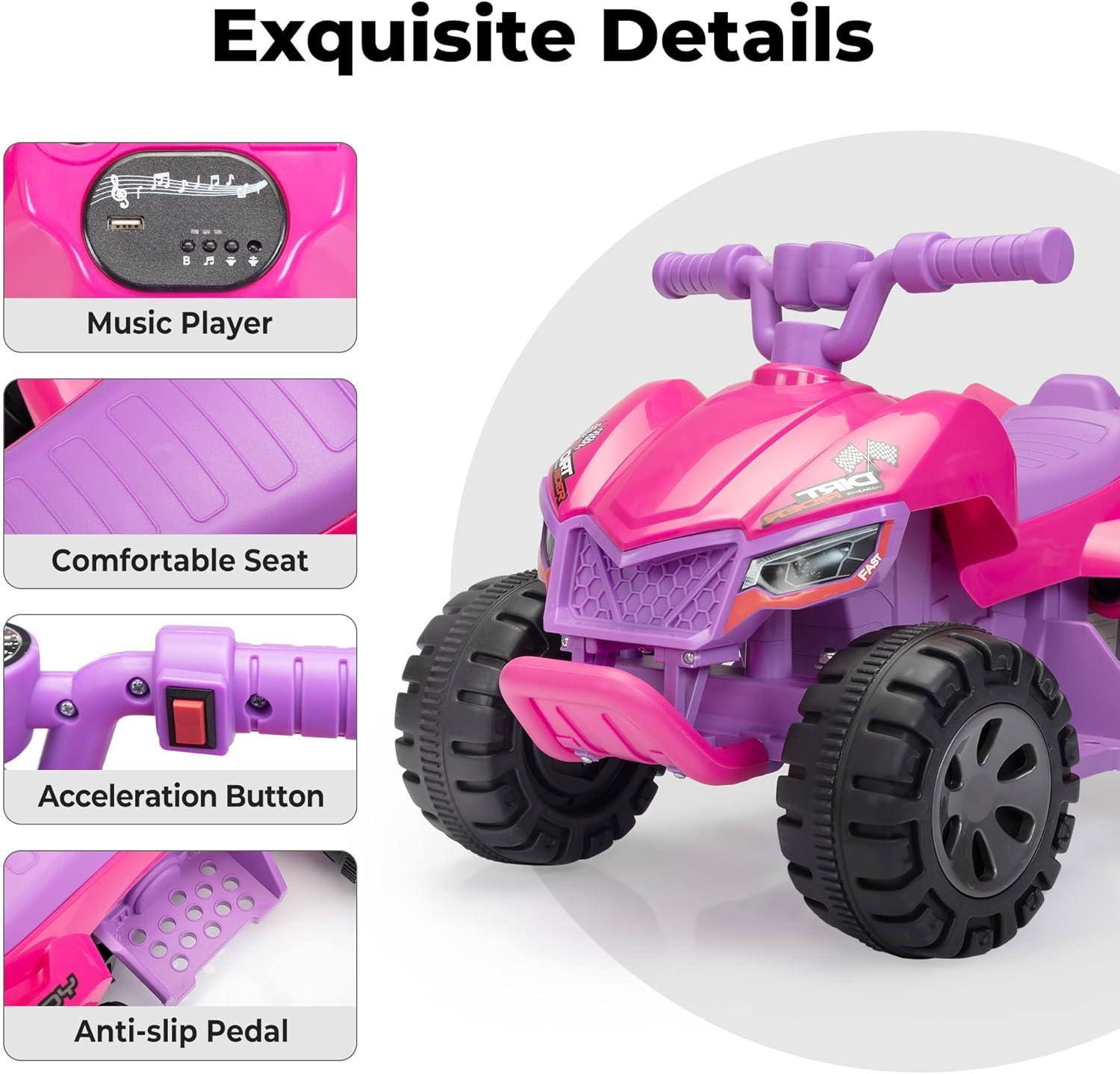 CIPACHO 6V Kids Ride-On Electric ATV, 4-Wheeler Quad Car Toy with Music for Toddlers Age 3-5, LED Headlights and Spray Device, Pink