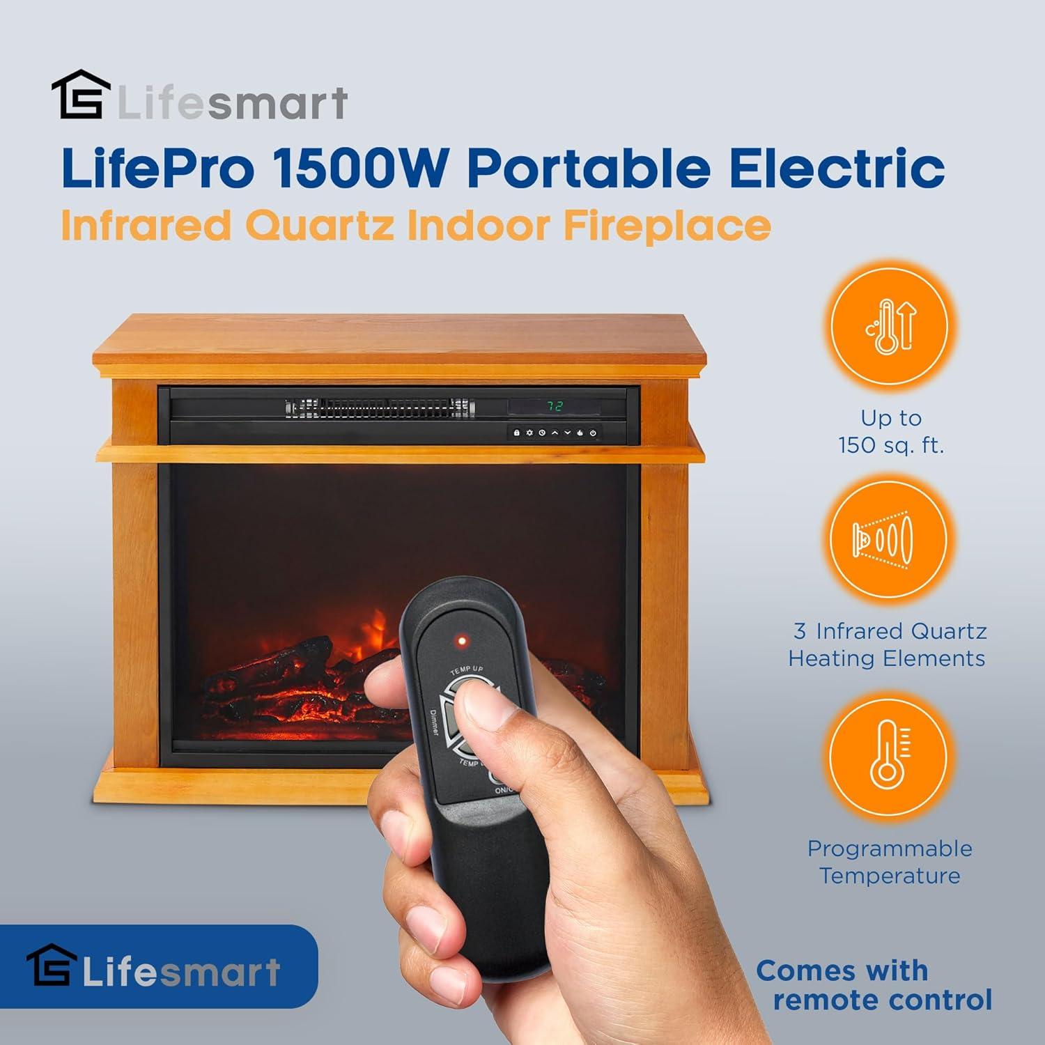Lifesmart LifeSmart LifePro 1500W Portable Electric Infrared Quartz Indoor Fireplace, Oak