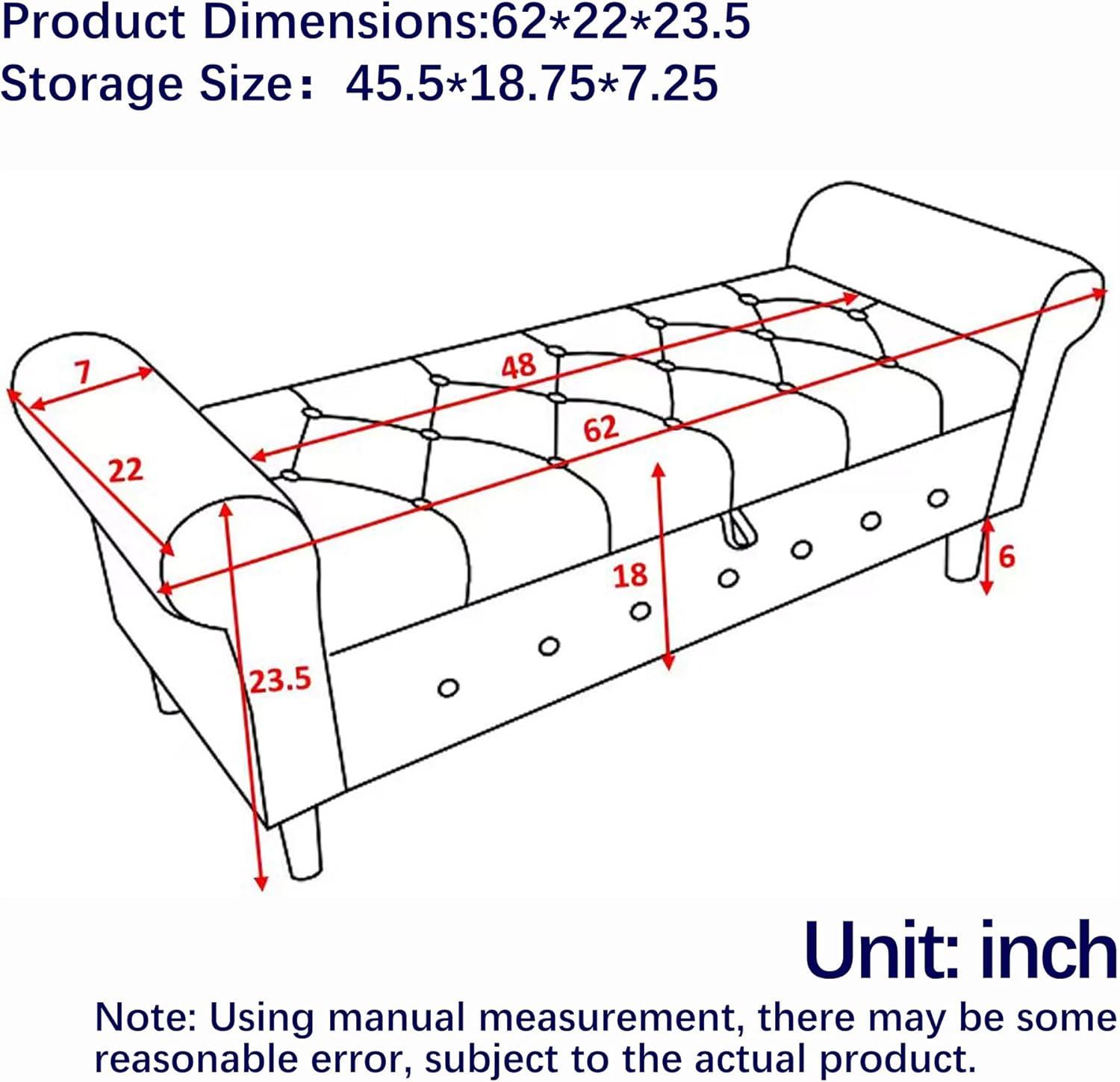 62"" Bedroom Tufted Button Storage Bench, Long Linen Upholstered Storage Ottoman Bench with Rolled Armrest, End of Bed Bench, Window Bench for Bedroom, Living Room, Entryway (Beige), 1